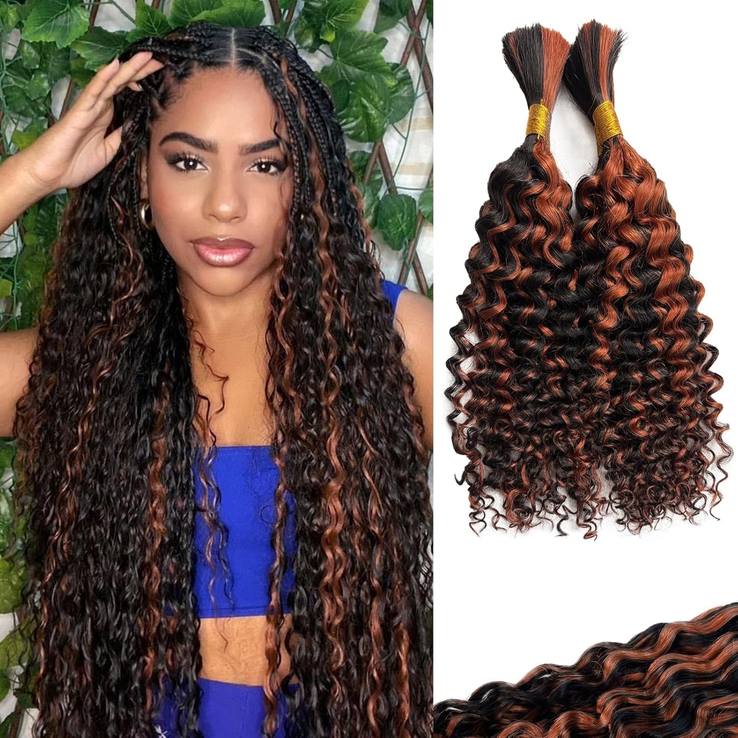 Braiding Human Hair Water Wave - 2 Bundles 100g Ombre Curly Extensions | 14 Inch Black/Brown Highlights