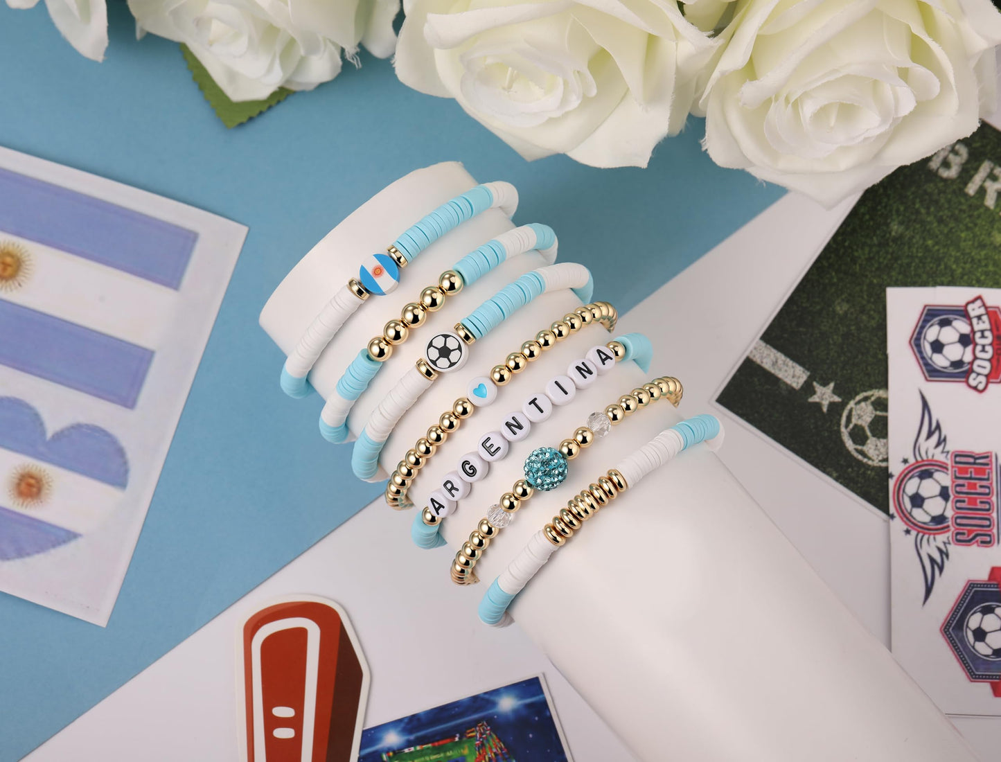 Poasrelax 2026 World Soccer Game day Cup Argentina Fan Bracelet Set 7-Pack Elastic Stretch Beaded Bracelets Handmade Soccer Support Wristbands with Flag Trophy Alphabet Beads for Women Fans (agentin)