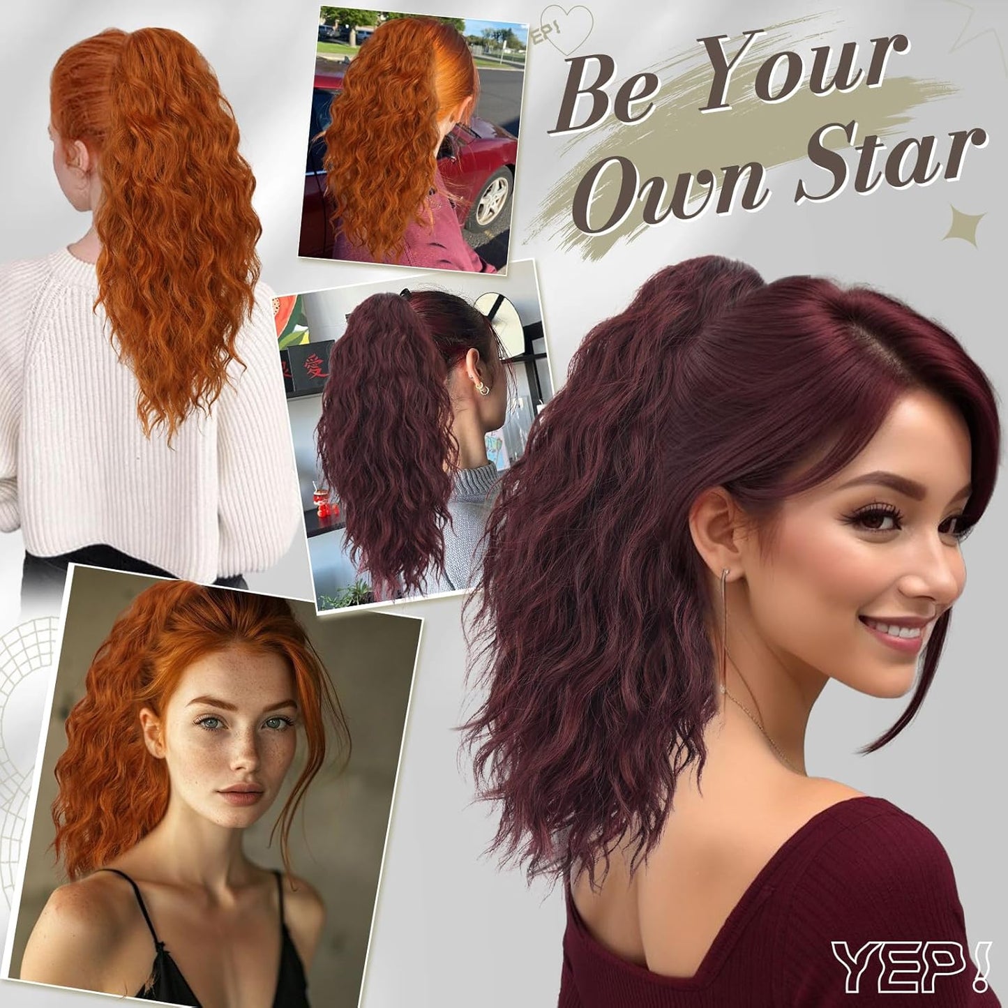 Copper Ponytail Extension - 18 Inch Curly Wavy Claw Clip Hairpiece | Ginger Copper Multi-Layered Style