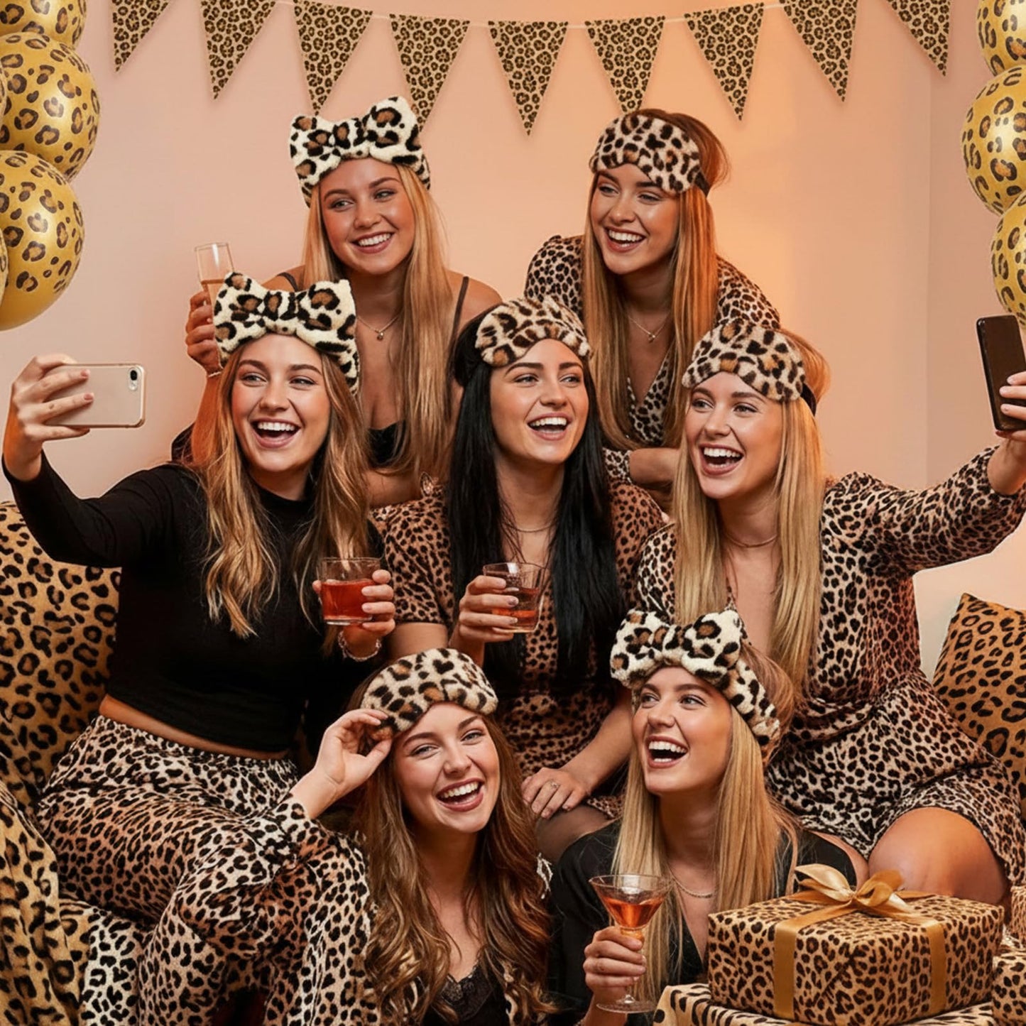 Hoteam 10 Pcs Slumber Party Supplies for Women Spa Sleepover Party Favor Spa Headband Wristband Sleep Eye Mask Velvet Scrunchies for Skin Care Makeup Slumber Night Favor(Leopard Print)