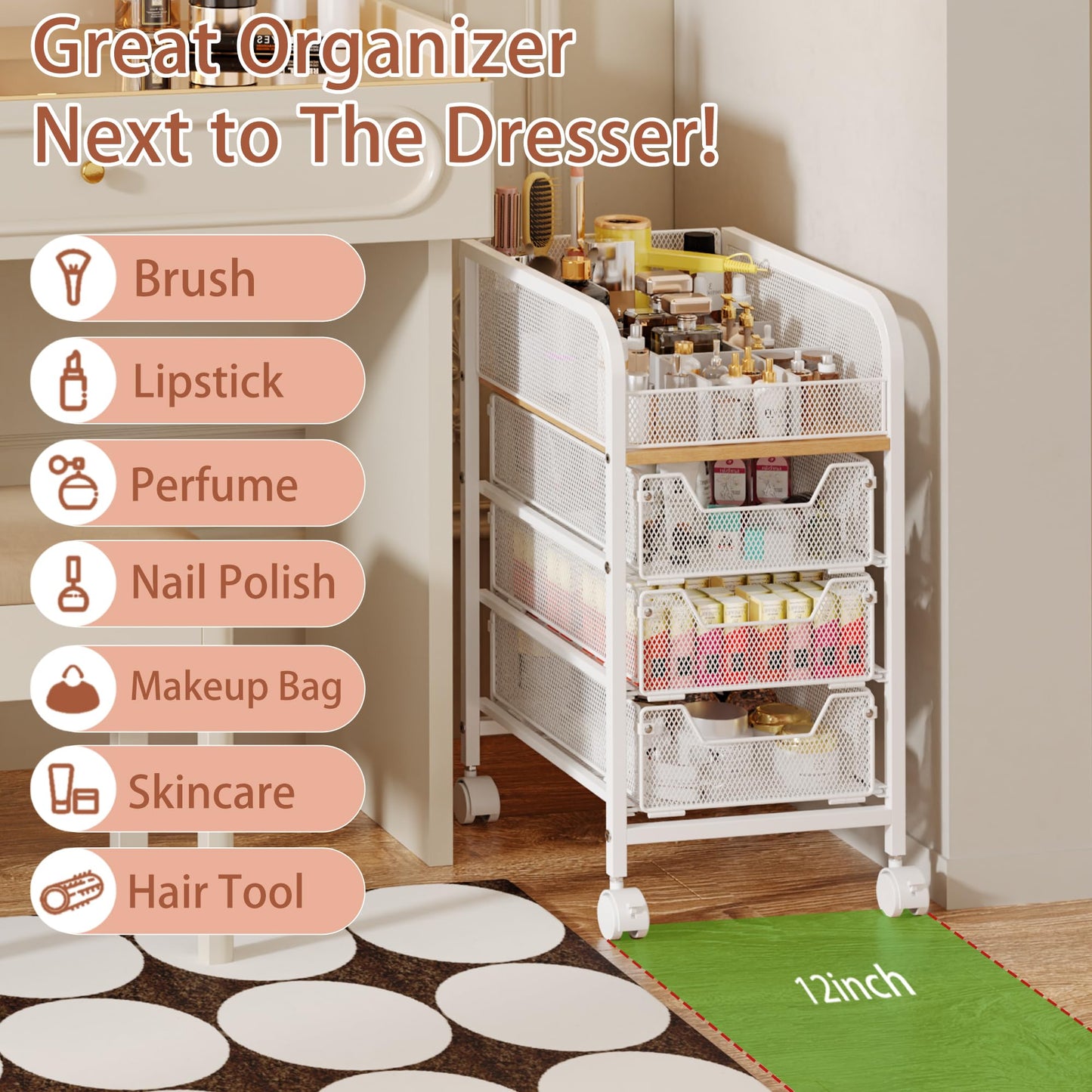 Rolling Makeup Cart Organizer with 3 Drawers, 4-Tier Narrow Floor Skincare Organizers with dividers, Vanity Organizer Cosmetics Display Cases for Makeup Brush, Hair Tool, White