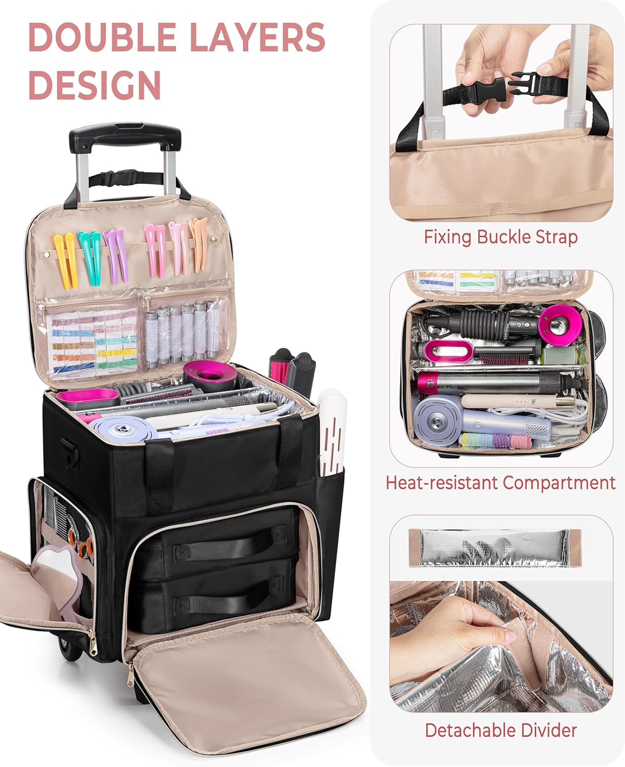 Rolling Hairstylist Travel Bag - Hair Tool Bag with Heat Insulation & 2 Pouches | Black