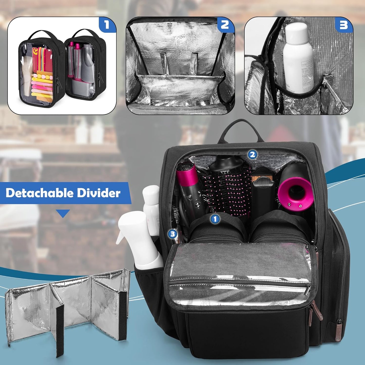 Insulated Barber Case - Large Capacity Hairstylist Bag with Semi-Detachable Divider & 2 Removable Pouches | Black