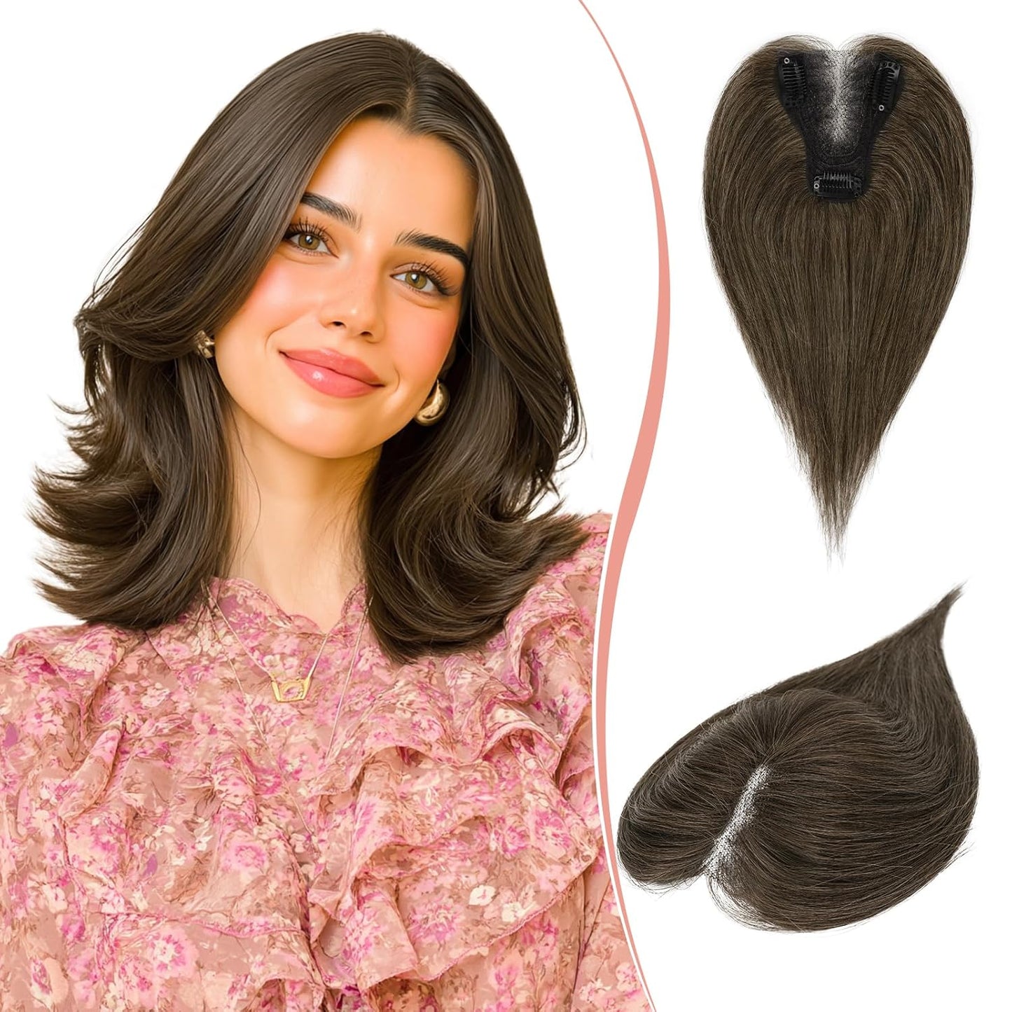 Hair Toppers for Women - Real Human Hair Clip-In Piece for Thinning Hair | Lightweight Fluffy Straight Brown