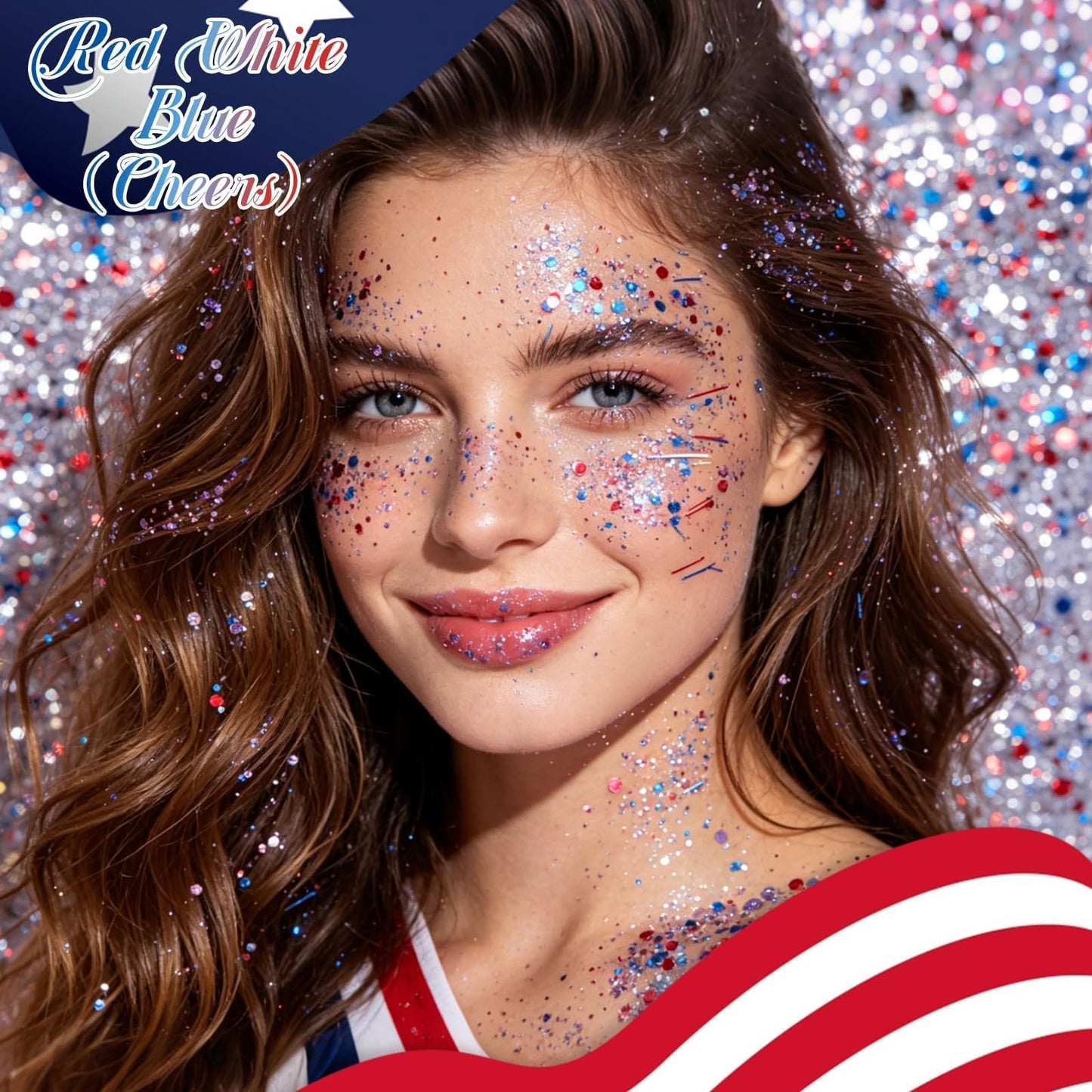 DAGEDA Red White Blue Face Body Glitter Stick,4th of July Accessories Sparkling Hair Glitter Makeup,Patriotic Red White Blue Patriotic Accessories,Fourth of July Outfit Flag Glitters Makeup(Cheers)