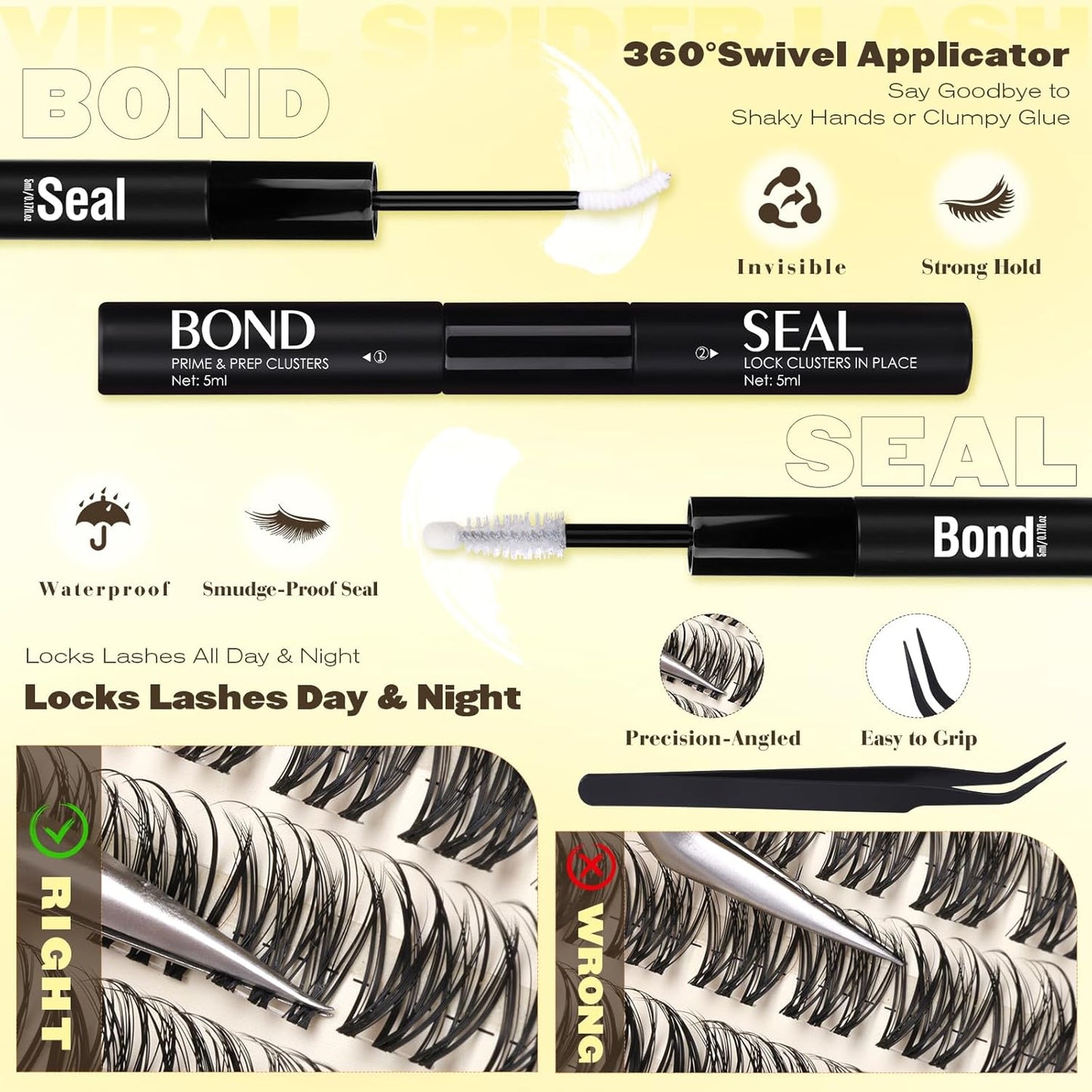 Natural Lash Clusters Kit - Wispy Eyelash Extensions with Invisible Band | 10-16mm C Curl, DIY Set with Bond & Tweezers