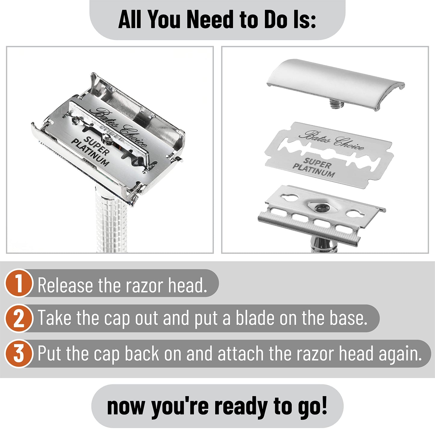 Bates Double Edge Safety Razor Blades for Men - Stainless Steel, 40 Pack, Shaving Blades