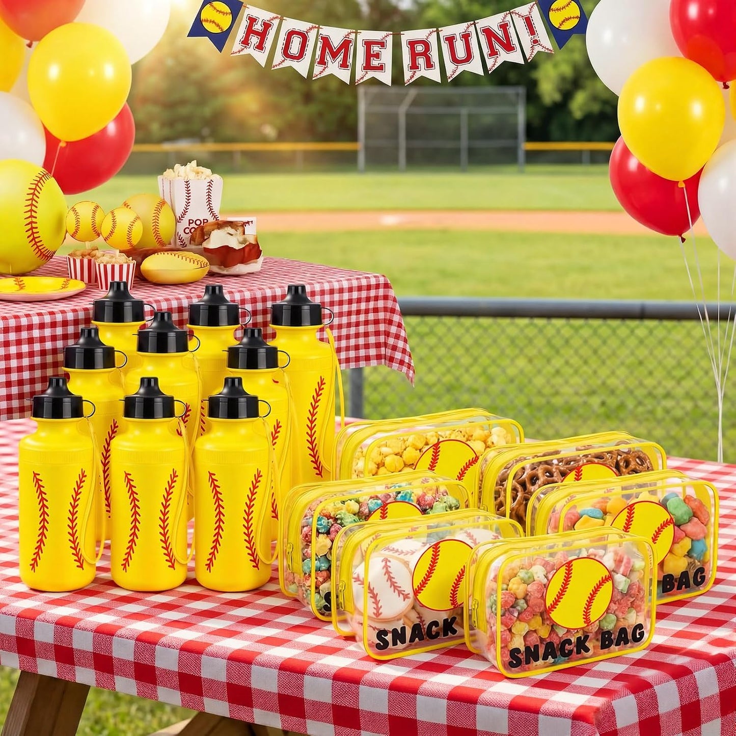Reusable 20 oz Water Bottles Bulk - 8+8 Pcs Squeeze Plastic with Snack Bags | Clear PVC Waterproof Goodie Bags for Sports Parties