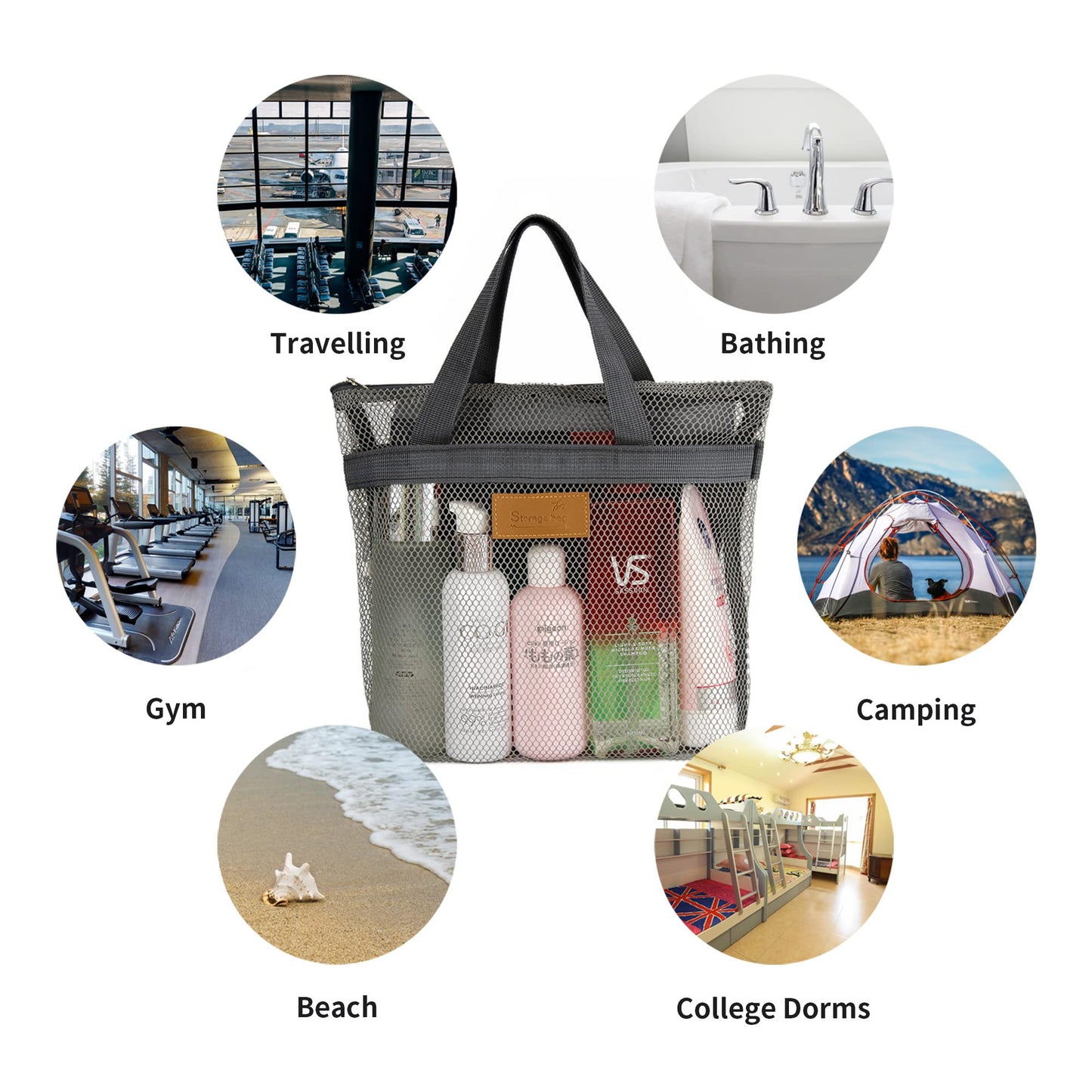 TOPASION Mesh Shower Caddy Bag Portable Hanging Toiletry and Bath Organizer with Zipper for Travel, Gym, Swimming, Camping, College Dorms, Beach (Grey)