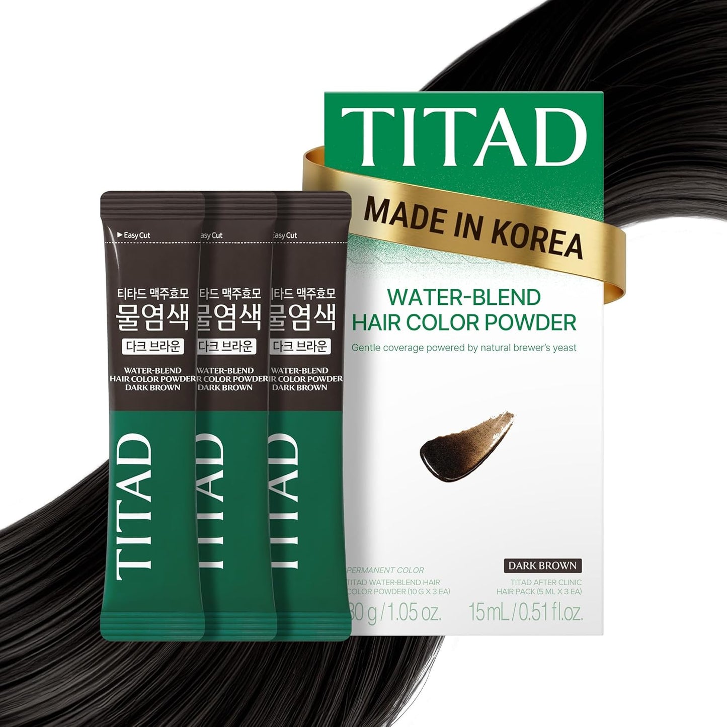 Natural Brown Korean Hair Dye - Ammonia-Free, PPD-Free Color Powder for 100% Gray Coverage | 3 Packets
