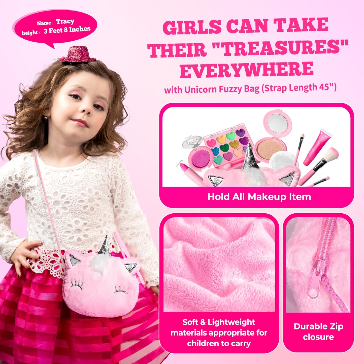 ULOVEME Talc-Free Real Kids Makeup, Mica-Based Washable Makeup Kit for Girls with Fluffy Unicorn Purse - Hypoallergenic Makeup for Sensitive Skin Kids - Gift for 5 -8 Years Old Girls Birthday