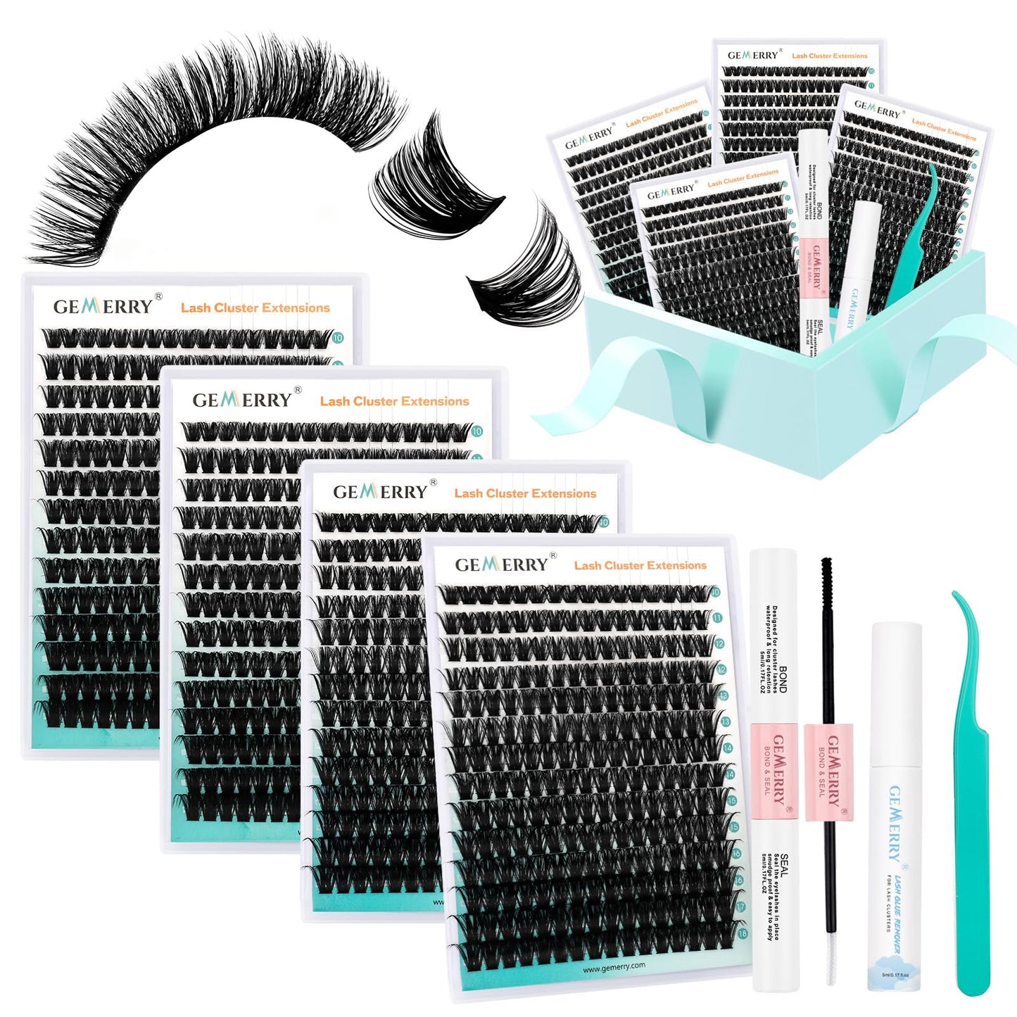 GEMERRY 924Pcs Lash Clusters Kit Fluffy Lash Clusters Eyelash Extension Kit with Waterproof Bond and Seal Remover Tweezers for Beginners（2X 80P+100P）