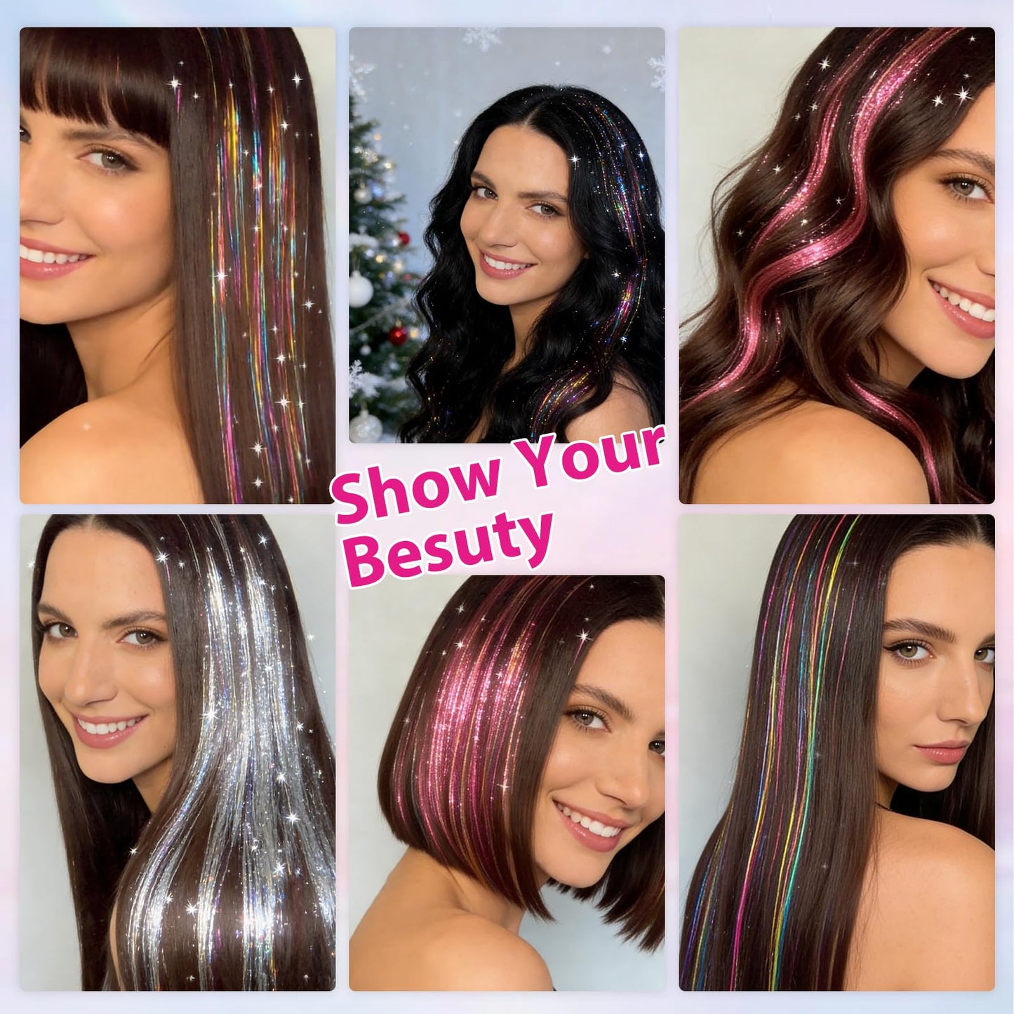 12 Pcs 20 Inch Clip in Hair Tinsel Kit, Silver Glitter Fairy Hair Extensions, Festival Party Hair Accessories for Women Girls Concert Cosplay Birthday