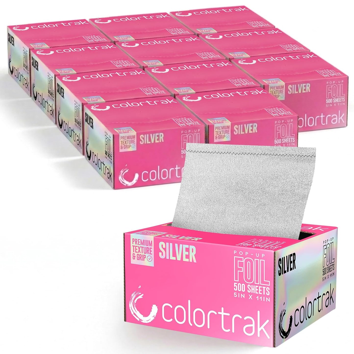 Colortrak Embossed Sheets Silver Aluminum Foil Pop-up Dispenser, 500 Pre-cut Sheets Non-slip Textured, for Hair Foil Coloring and Highlighting Applications Silver, 5 x 11