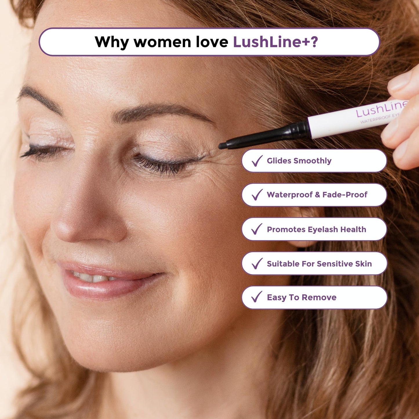 Rumi Cosmetiques LushLine+ Waterproof Eyeliner Pencil For Mature Women - Smudge Proof, Long-Lasting, Non Toxic, Soft Glide - Safe For Sensitive Eyes (Natural Black)