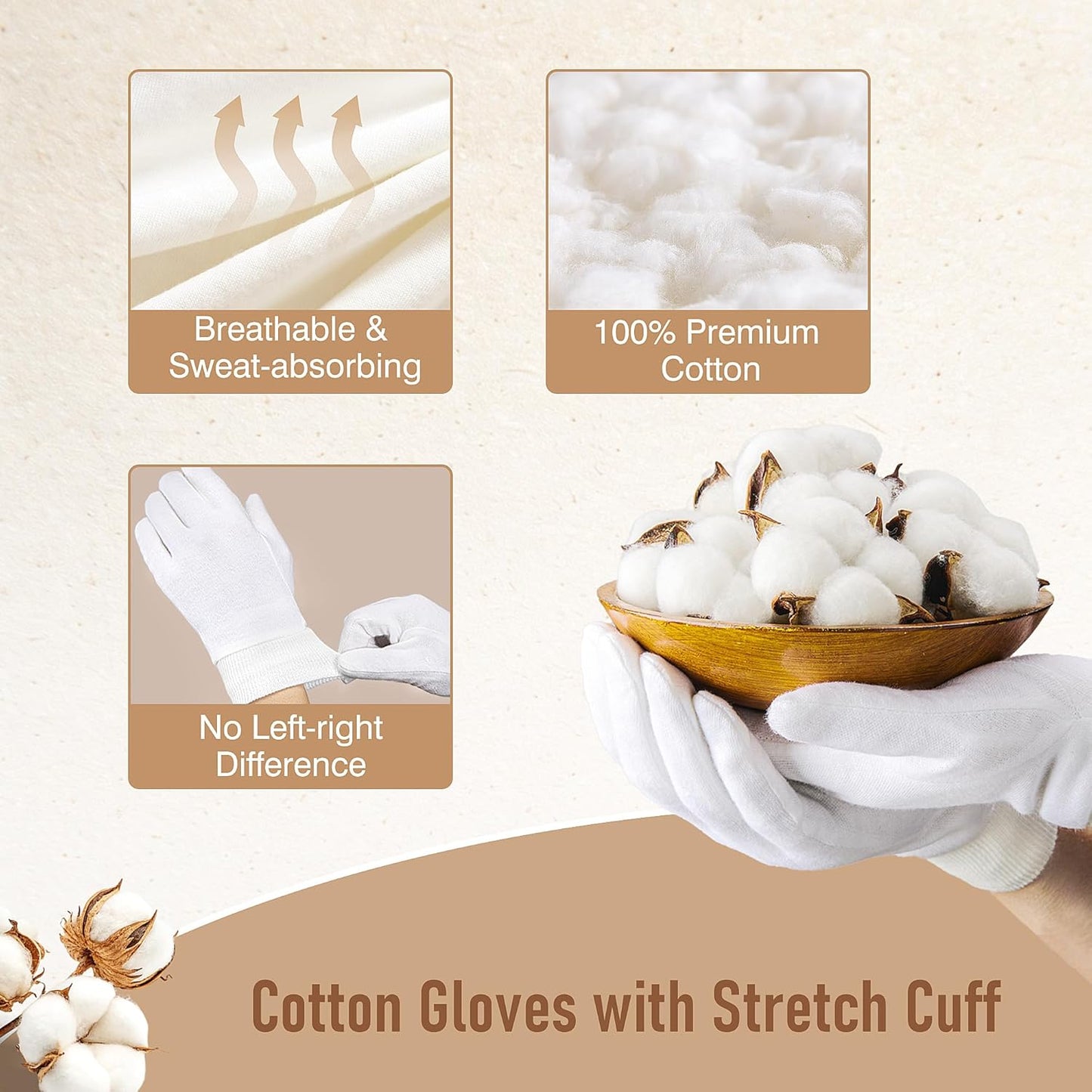 Soft Moisturizing Cotton Gloves Set - 4 Pairs for Dry Hands & Eczema Relief | Small, White