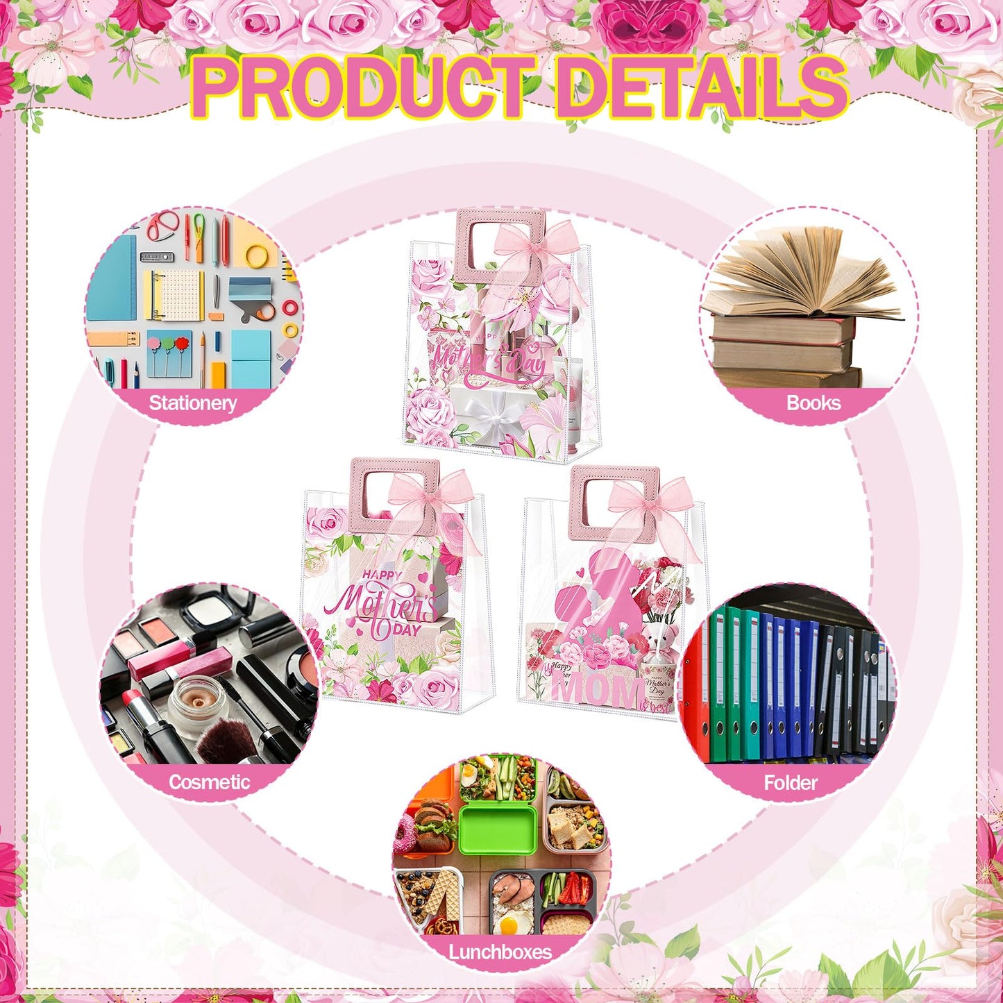 Blosssound 30 Pcs Mothers Day Gift Bags Bulk Medium Reusable Plastic Tote Bags with Handles & Ribbon 9x8x3 Inch Floral Mothers Day Party Favors Clear PVC Waterproof Wrap for Mom Grandma Gifts