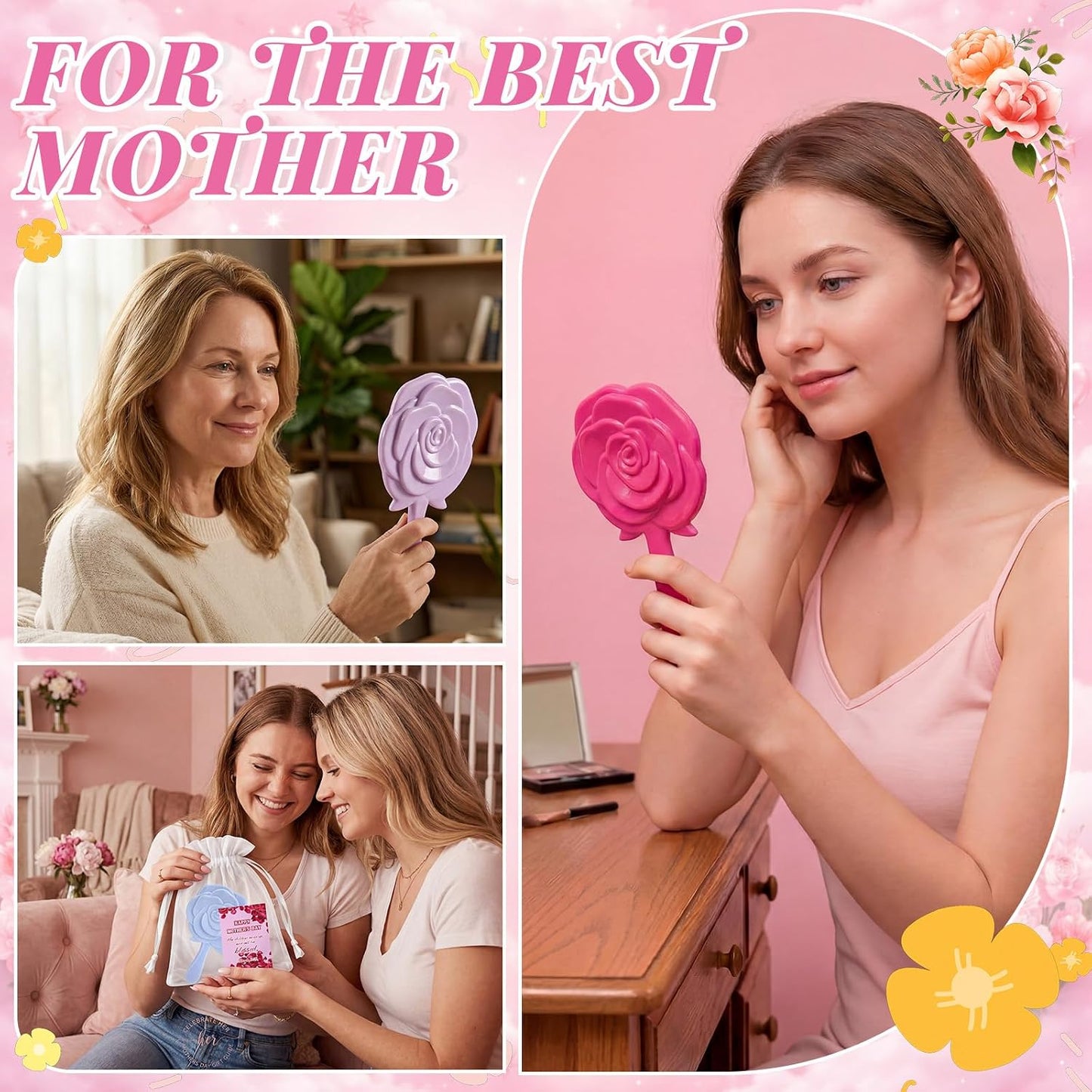 RattanView Handheld Rose Makeup Mirrors - Compact Floral Design | 24 Sets with Organza Bags for Women