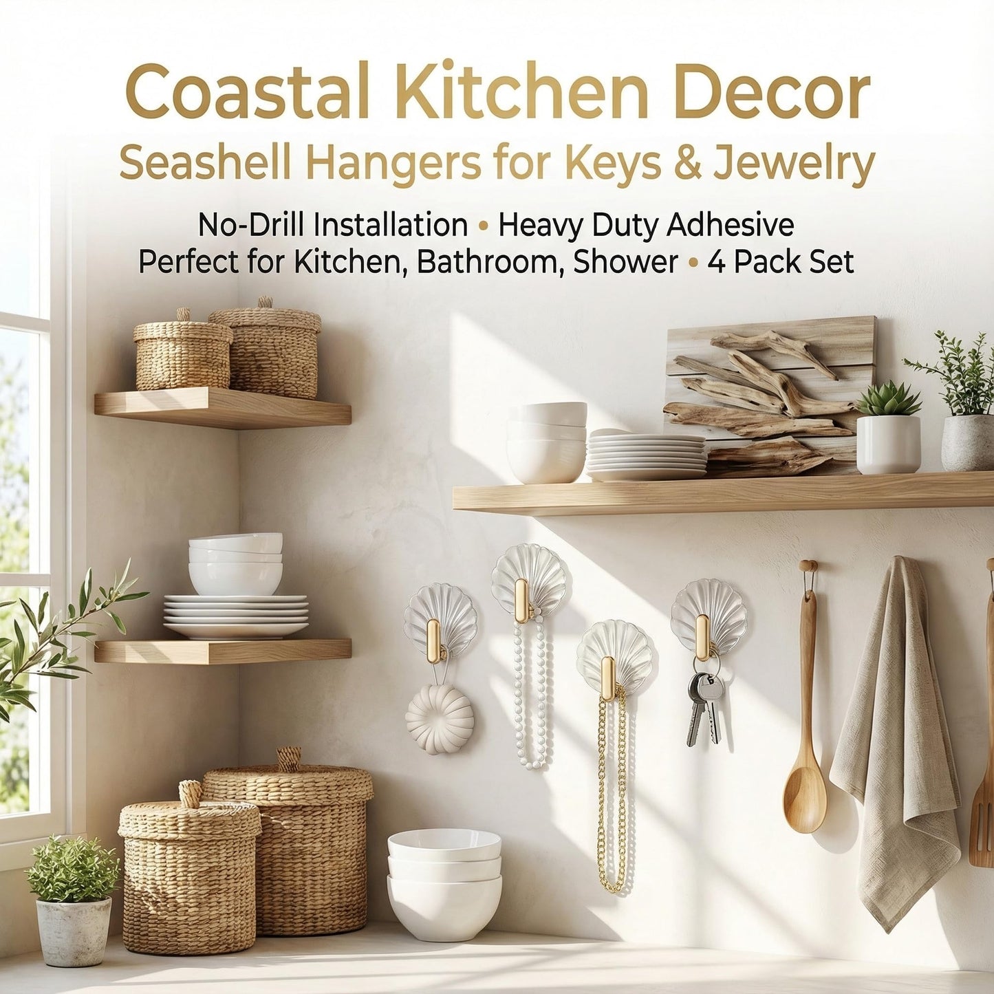 4 Pack Seashell Adhesive Wall Hooks, Decorative Shell Hangers for Towels Keys Jewelry, Heavy Duty No-Drill Hooks for Bathroom Shower Kitchen, Coastal Home Decor Gift (Clear with Gold Hook)