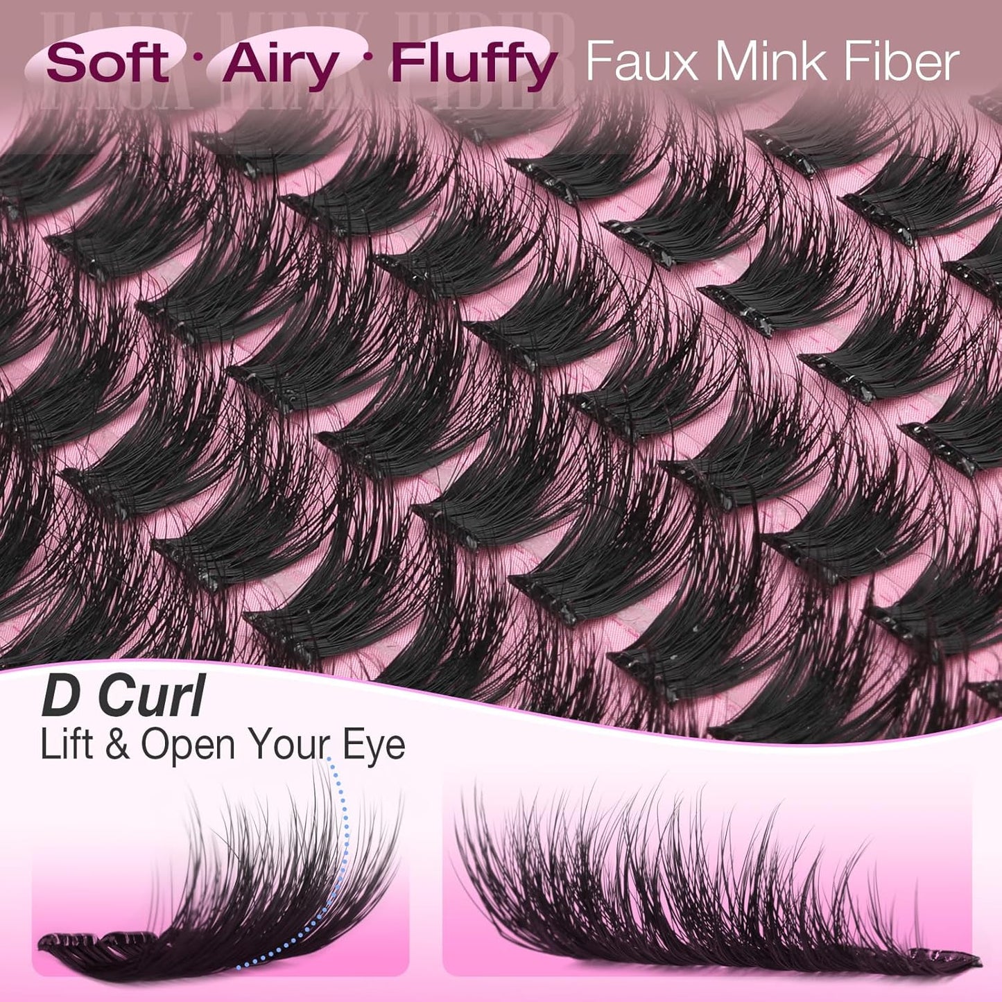 Self-Adhesive Lash Clusters - Fluffy Wispy Eyelash Extensions | No Glue Needed, 8-14mm D Curl Faux Mink Individual Lashes