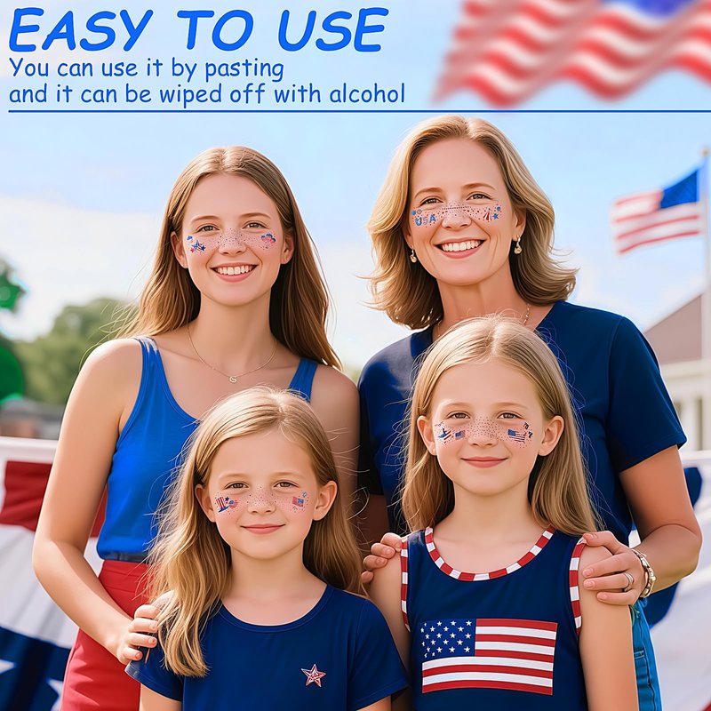 4th of July Glitter Freckles, 6 Pcs Patriotic Face Tattoo Sparkle Red Blue White Star Freckles Makeup Patches for Face Rave Accessories