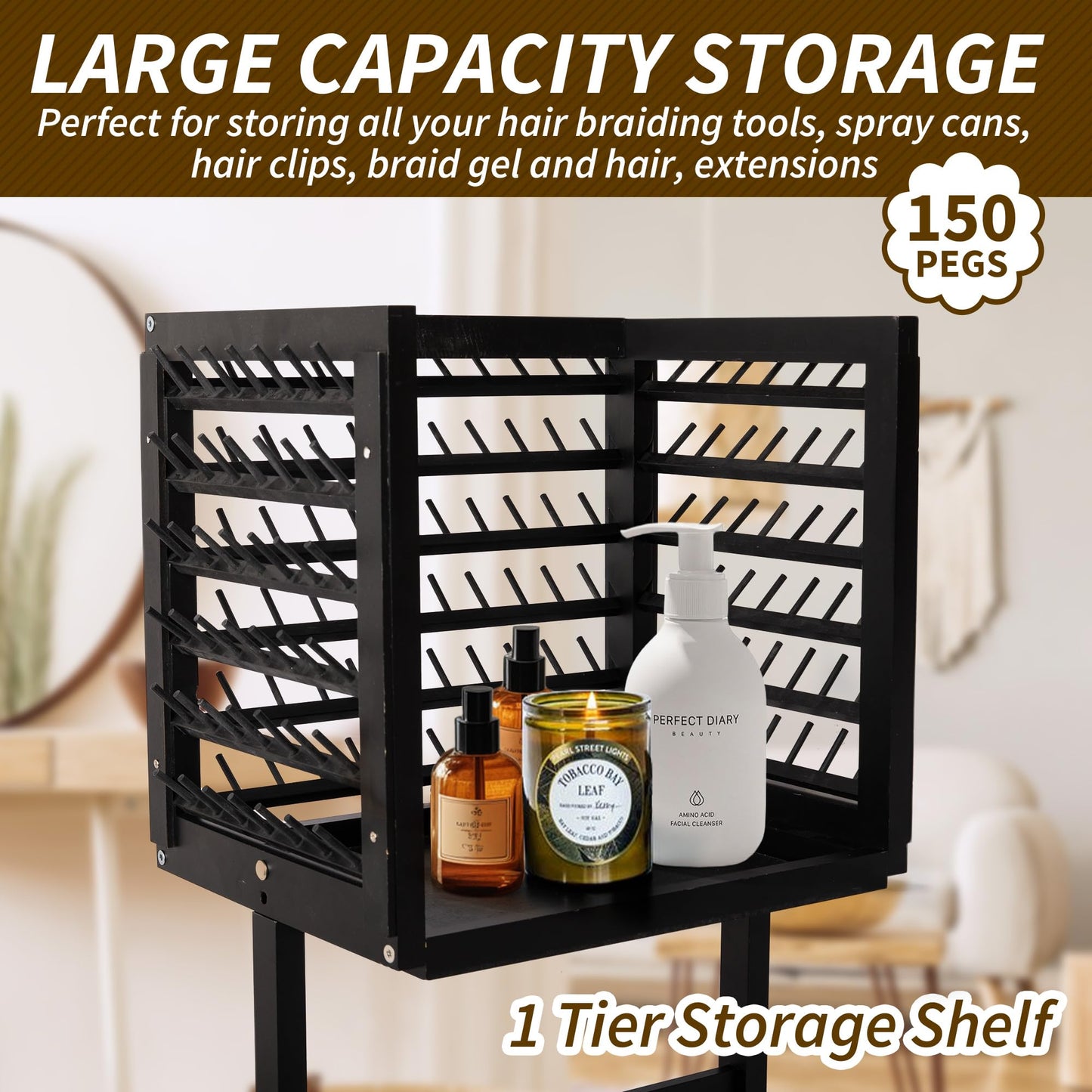 GENMOUS Black Braiding Hair Rack - 150 Pegs, Tri-Sided Braid Rack with 4 Wheels and Large Storage Shelf, for Braiders Standing Home,Hair Separator Stand for Hairstylists