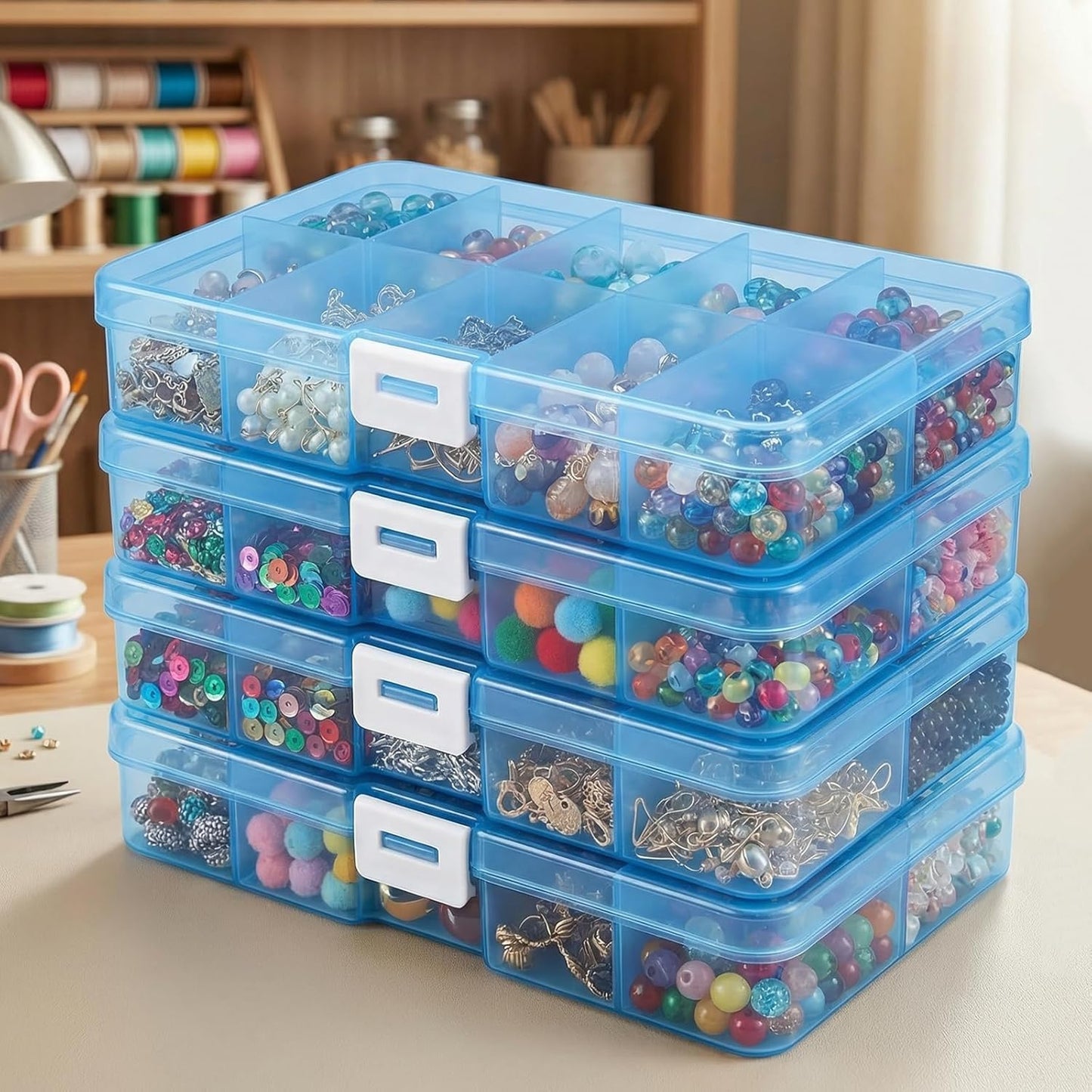 Jewelry & Bead Storage Boxes - 4 Pack Waterproof Plastic Organizer | 40 Grids, Stackable Craft Case, Blue