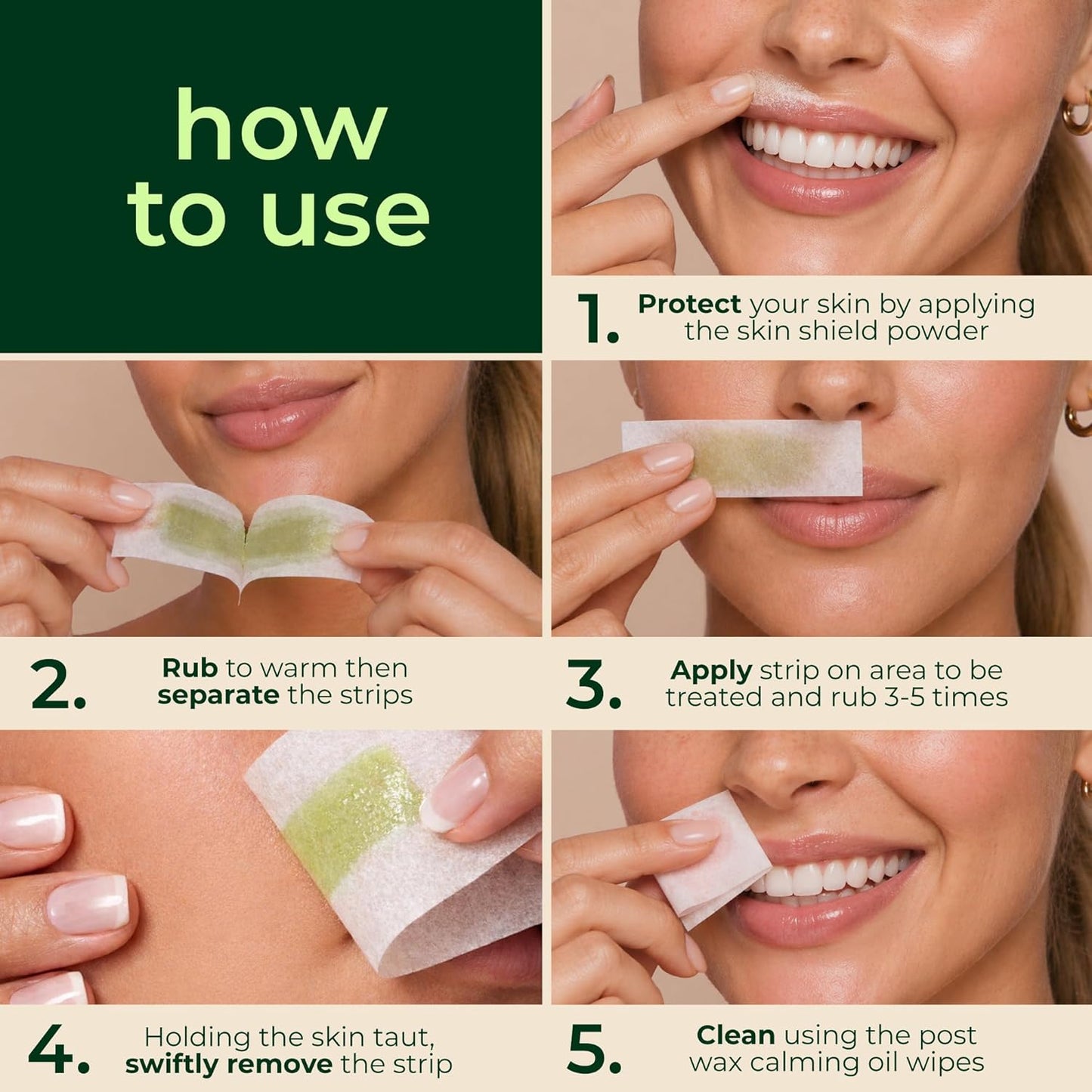 Nad's Facial Wax Strips - Hypoallergenic Facial Hair Removal Kit for Women | 20 Wax Strips + 4 Calming Wipes + Skin Protection Powder