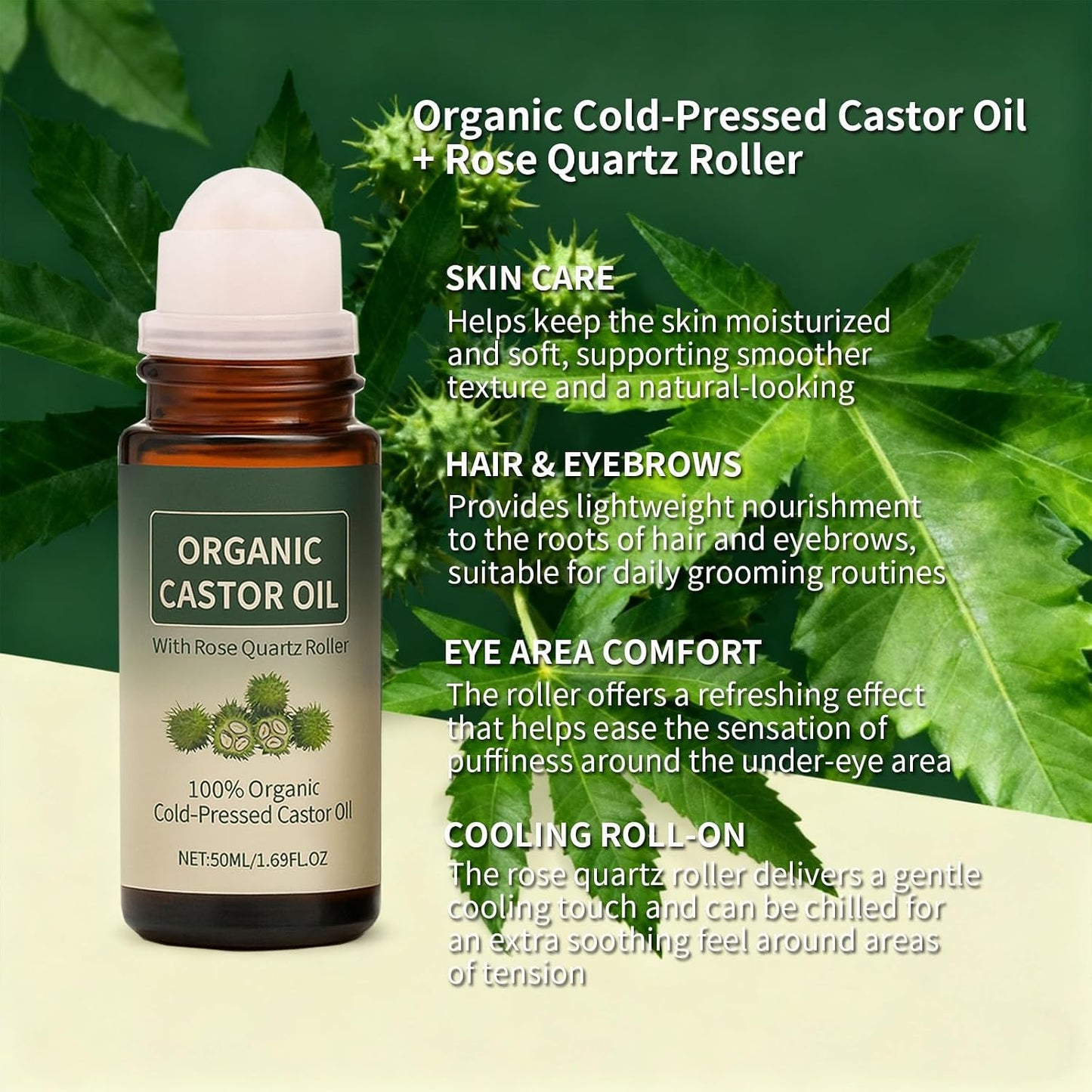Organic Castor Oil Roll-On - 100% Cold-Pressed with Rose Quartz for Skin, Brows & Lashes | 1.7oz Glass Bottle