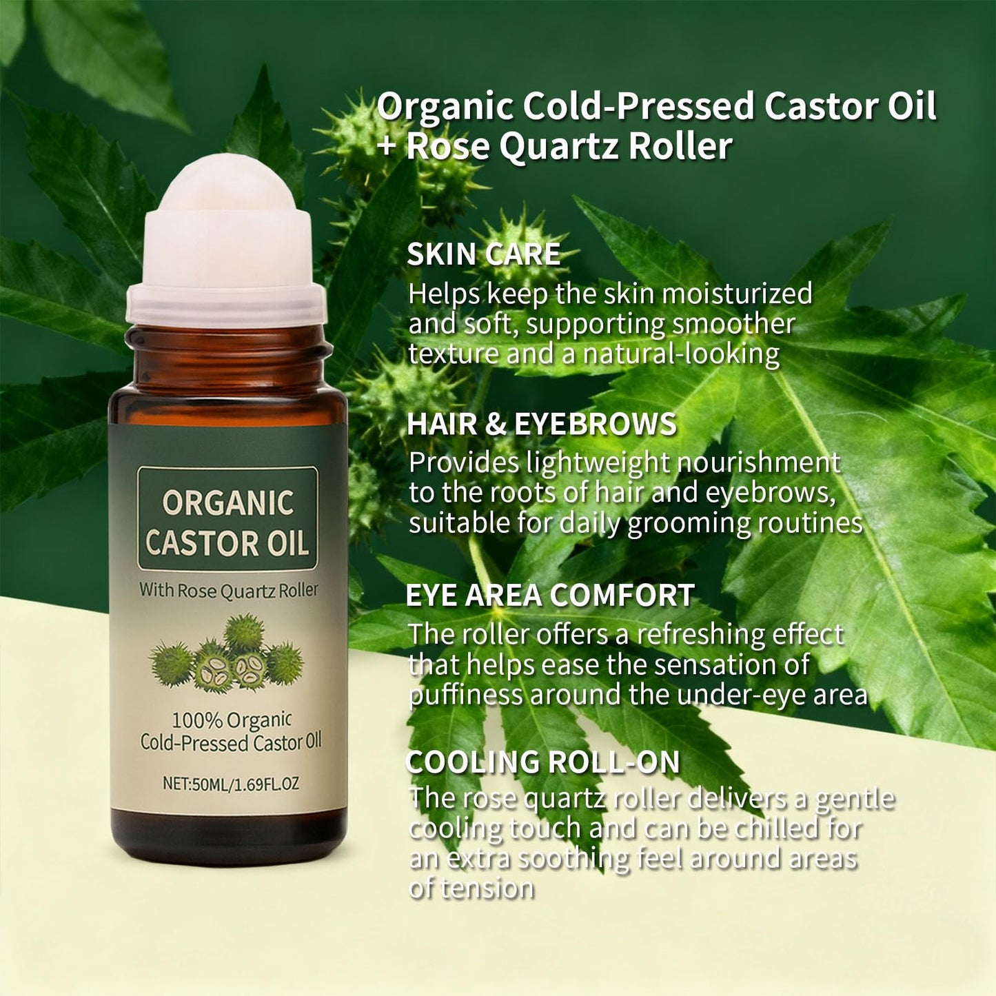 Maidlure Organic Castor Oil Roll-on with Rose Quartz, 100% Cold-Pressed Organic Castor Oil Glass Bottles Roller for Skin, Brows & Lashes 1.7oz