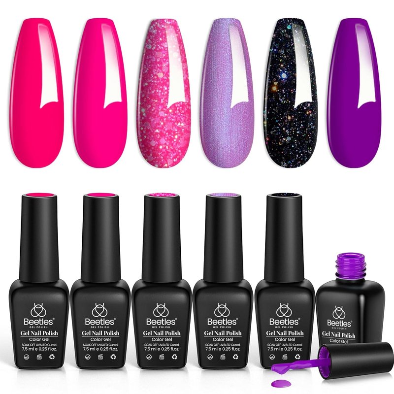 Hot Pink Gel Nail Polish Set - 6 Colors Glitter & Shimmer | Soak Off UV Gel for DIY Manicure