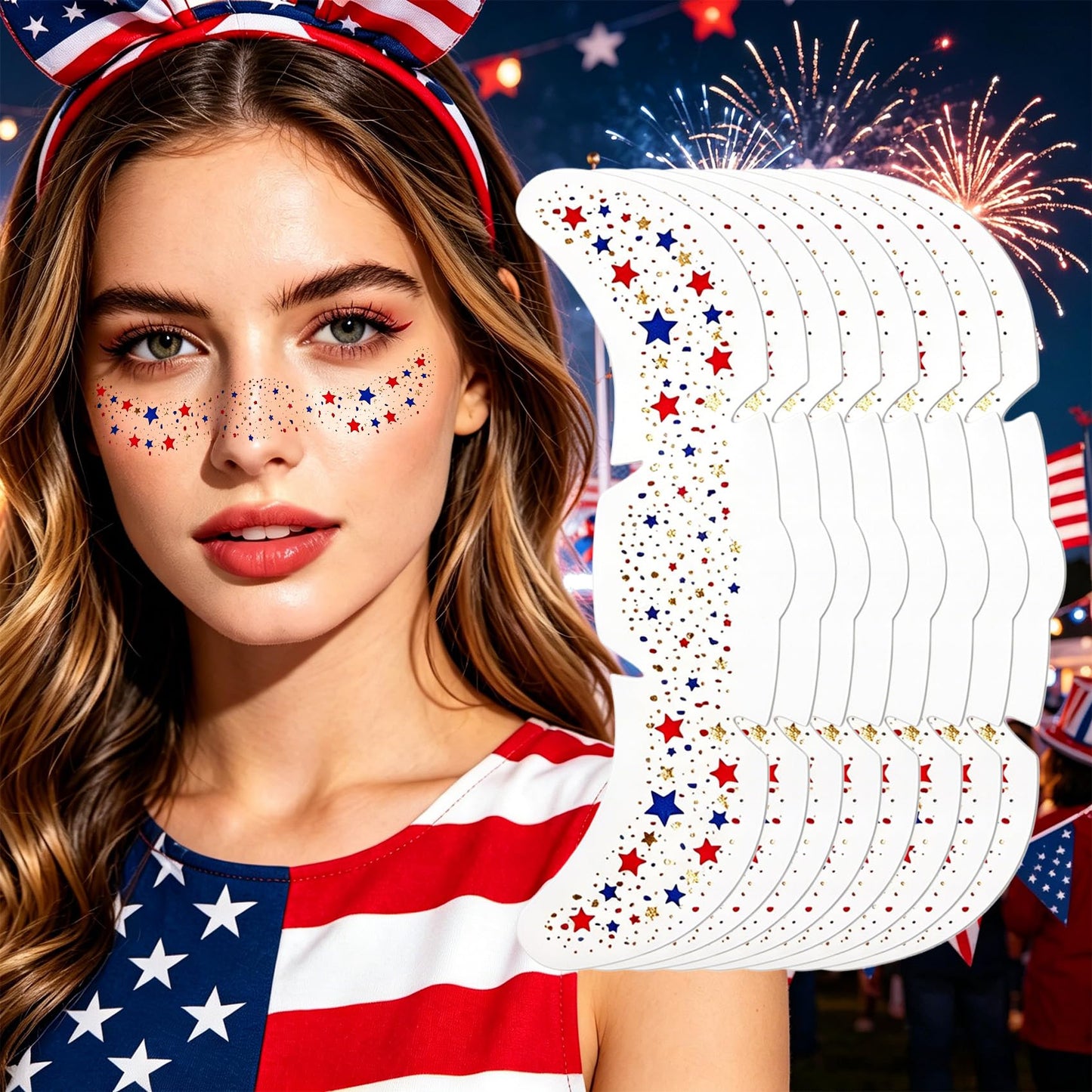 4th of July Glitter Freckles Face Tattoo, 8Pcs Patriotic Temporary Tattoos, 4th of July Outfit Accessories, Patriotic Star Freckle Makeup Patches for Independence Day Face Rave Accessories