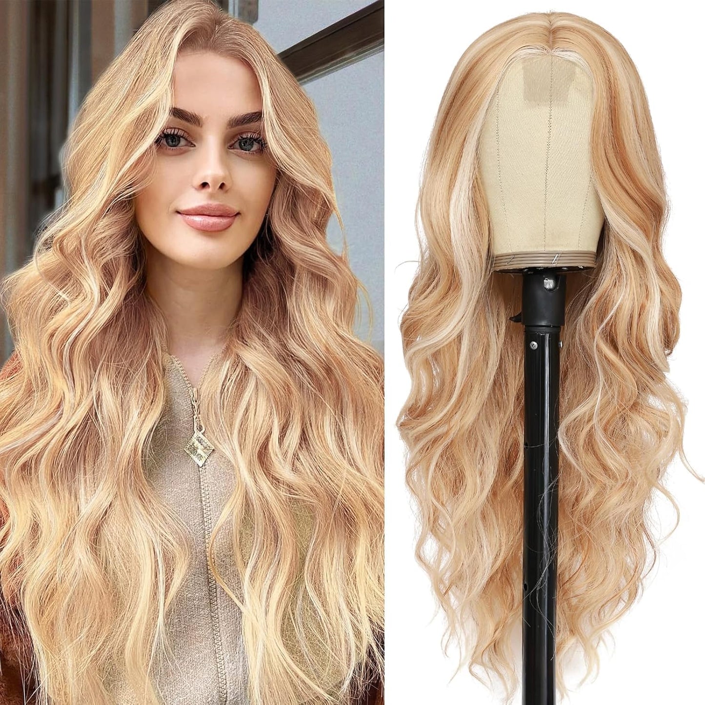 NAYOO Brown Wigs for Women - Long Curly Wavy Hair | Heat Resistant Synthetic Fiber, 24 Inches