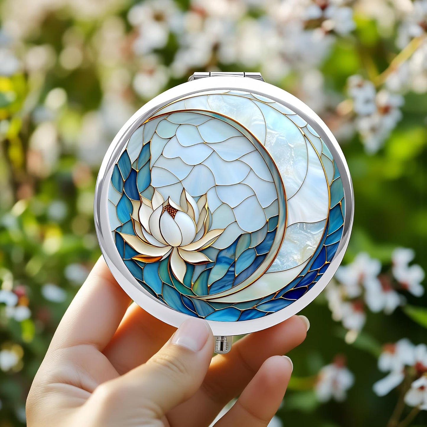 Compact Double-Sided Makeup Mirror - Silver Folding Design with Blue Lotus Moon | 2.8x2.8 Inch Gift for Women