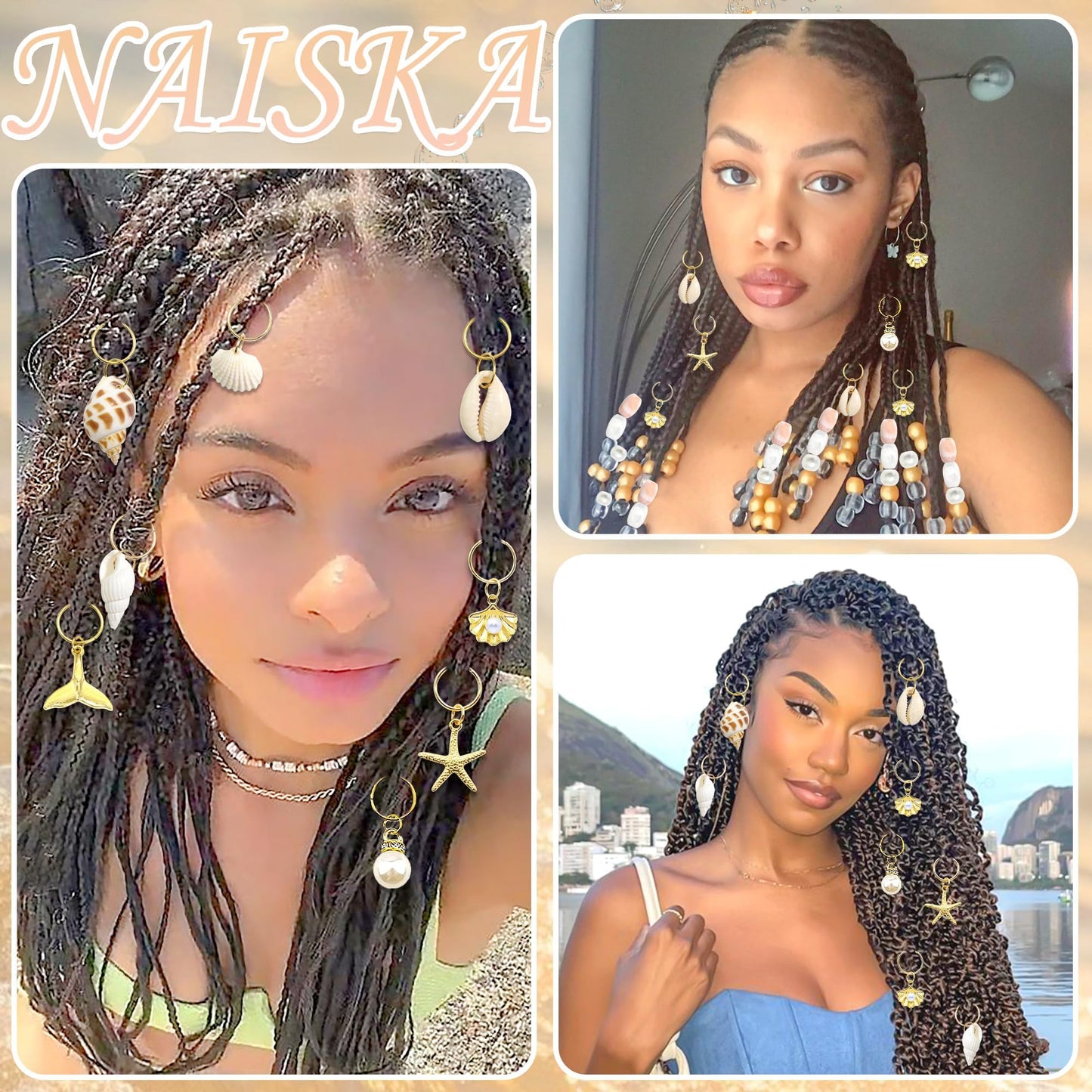 NAISKA 58PCS Gold Pink Hair Beads for Braids 15 Styles Women Hair Jewelry