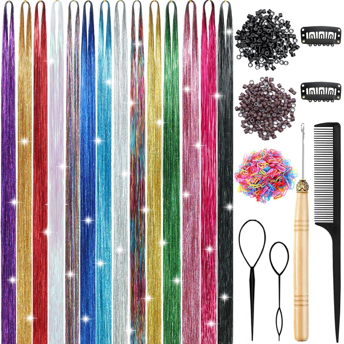 Hair Tinsel Kit - 6000 Strands of 48-Inch Glitter Extensions | Heat Resistant Fairy Hair Accessories for Women & Girls (14 Colors)