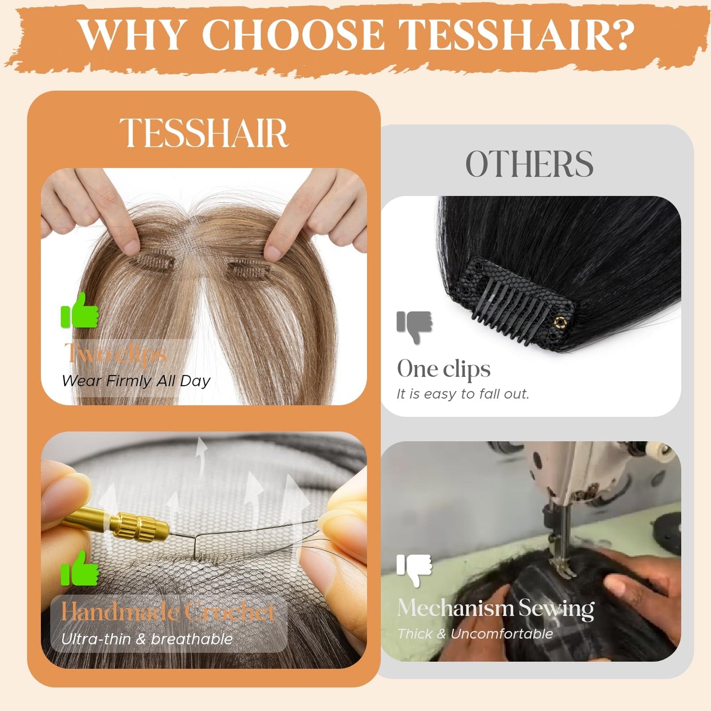 TESSHAIR Clip in Bangs, 100% Real Human Hair, Human Hair Clip in Bangs, Middle Part HairPieces, No Tangle & Smooth, 11g #4P27 Medium Brown Mixed Dark Blonde