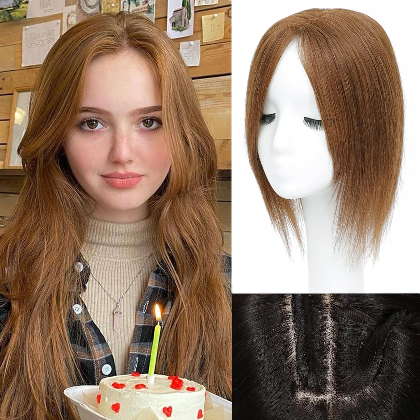 Hair Toppers for Women - Real Human Hair 14 Inch Clip-In Curtain Bangs | Big Base 360° Coverage (Mocha Brown)