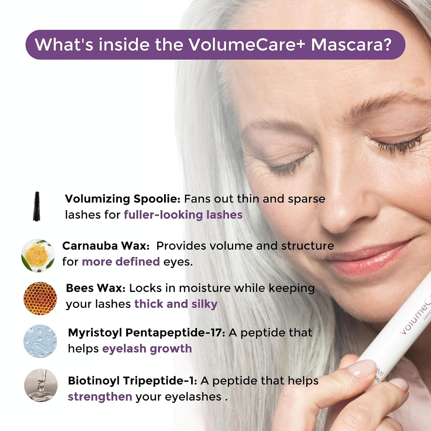 VolumeCare+ Mascara for Mature Women - Extreme Length & Volume 2-in-1 Formula | Hypoallergenic, No Clumps, Natural Black
