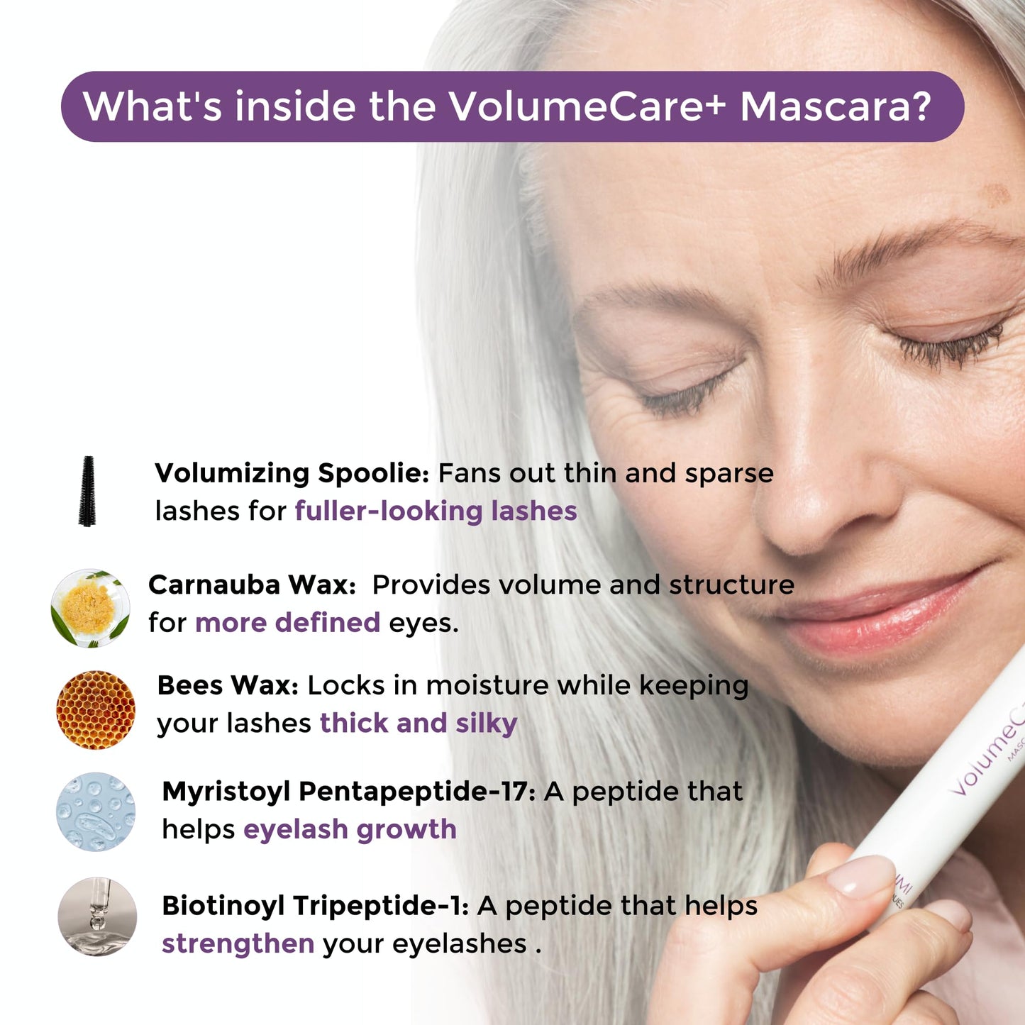 Rumi Cosmetiques VolumeCare+ Mascara For Mature Women - Extreme Length and Volume 2-in-1 Formula - No Clumps or Flaking, Long-Wearing, Hypoallergenic Mascara For Sensitive Eyes (Dark Brown)