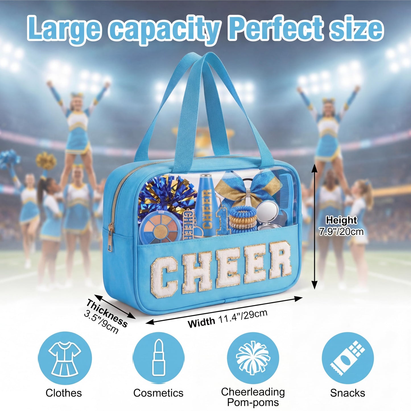 KYTACCU Cheer Makeup Bag Cheerleader Gifts Cheer Chenille Letter Cosmetic Bag Cheerleading Competition Accessories Clear Travel Toiletry Pouch for Girls Women-Sky Blue