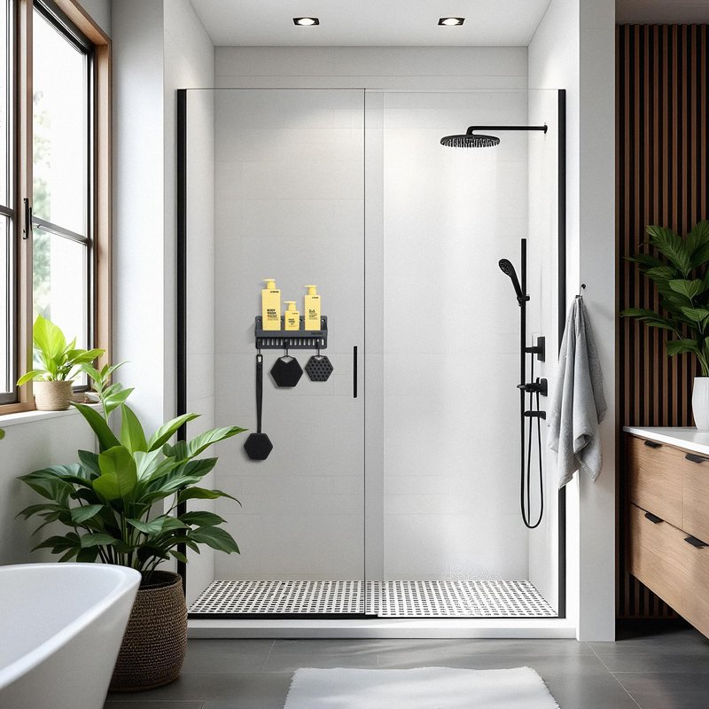 TOOLETRIES The Tool Wall Shower Caddy Bathroom Storage Shelf with Hooks - Wall-Mounted Shower Organiser and Storage with Reusable Adhesive, Store up to 5kg, No Drilling, No Nails, Charcoal