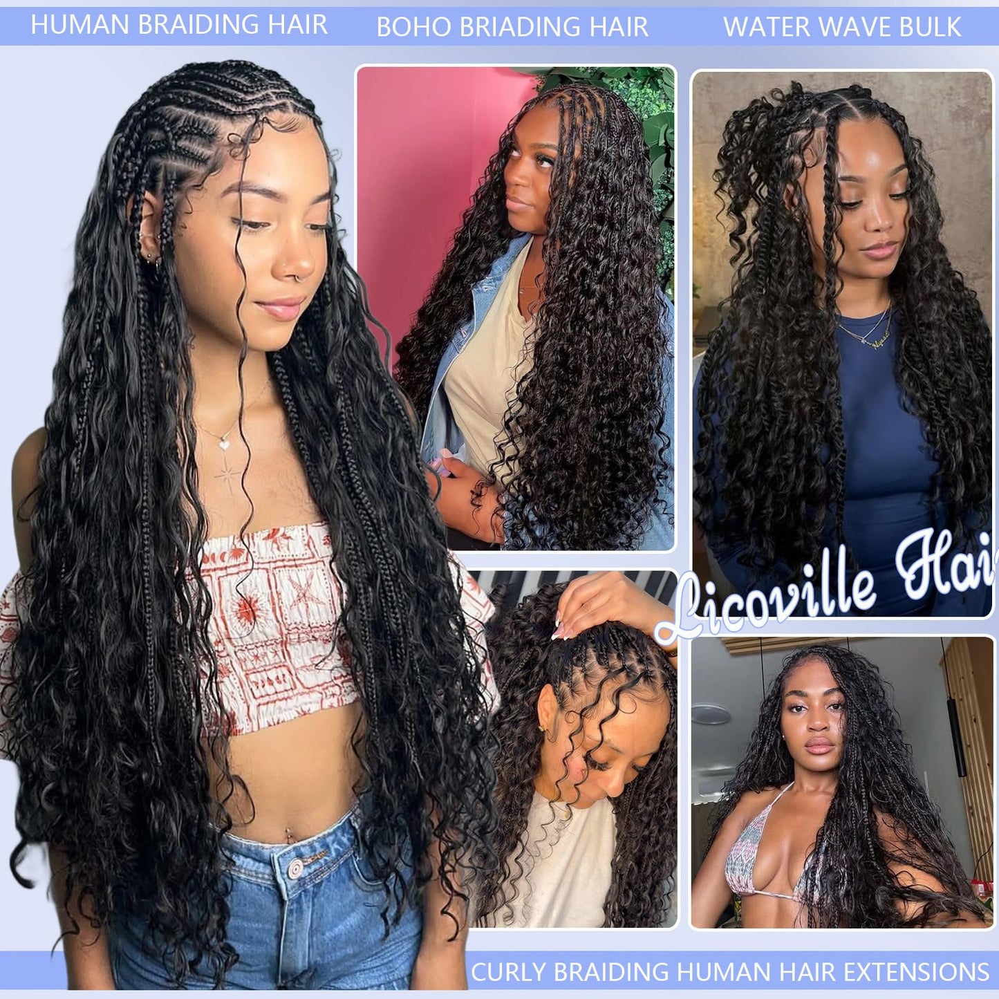 Licoville Boho Human Hair for Braiding Black Hair Deep Water Wave Bundles 18 Inch 100G Freetress No Weft Human Braiding Hair for Boho Braids #1B Natural Black Boho Hair Knoteless Braiding Bundle