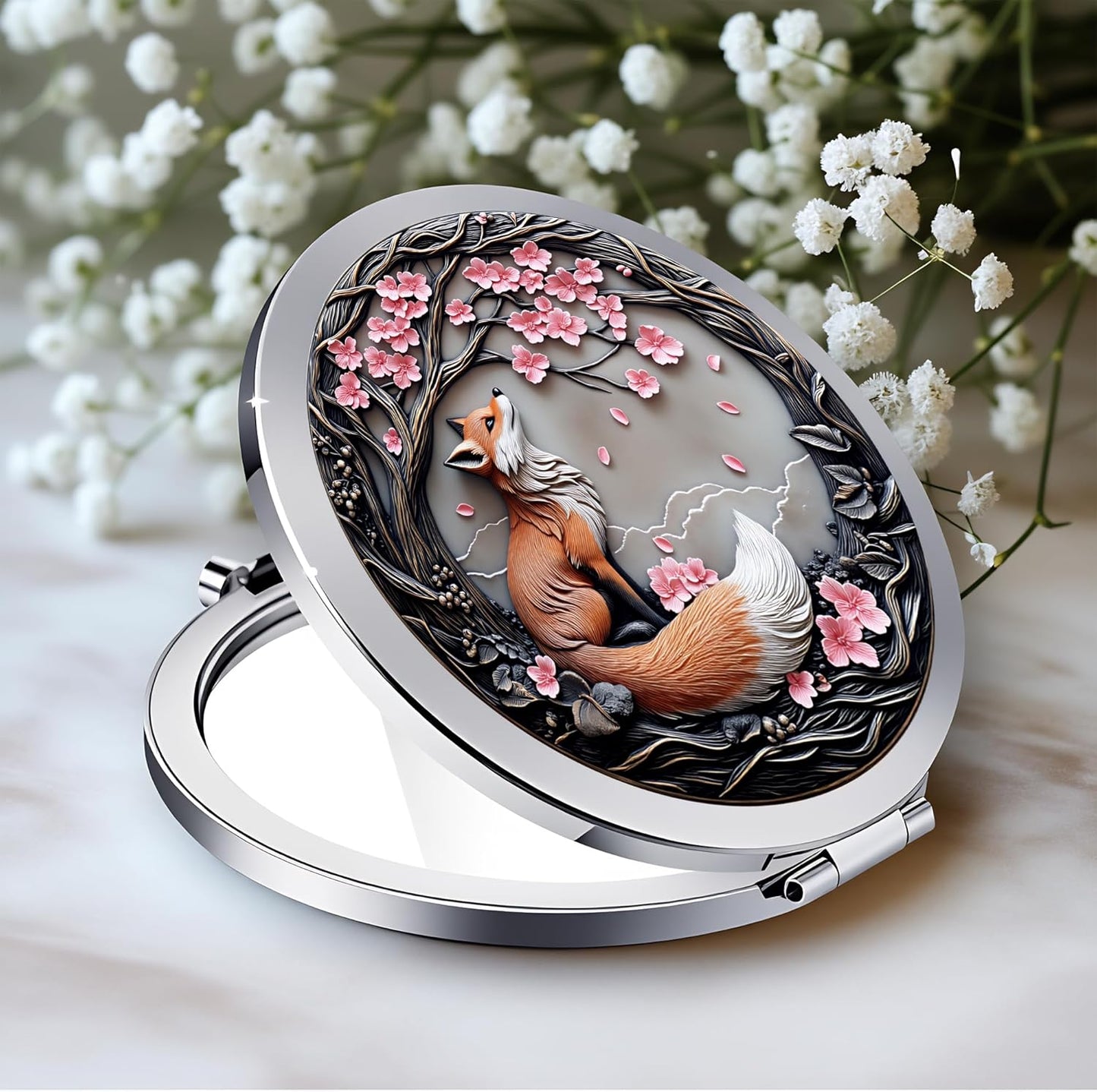 Silver Compact Mirror - Double-Sided Folding Makeup Mirror with White Rose Design | 2.8" x 2.8" Ideal Gift for Women