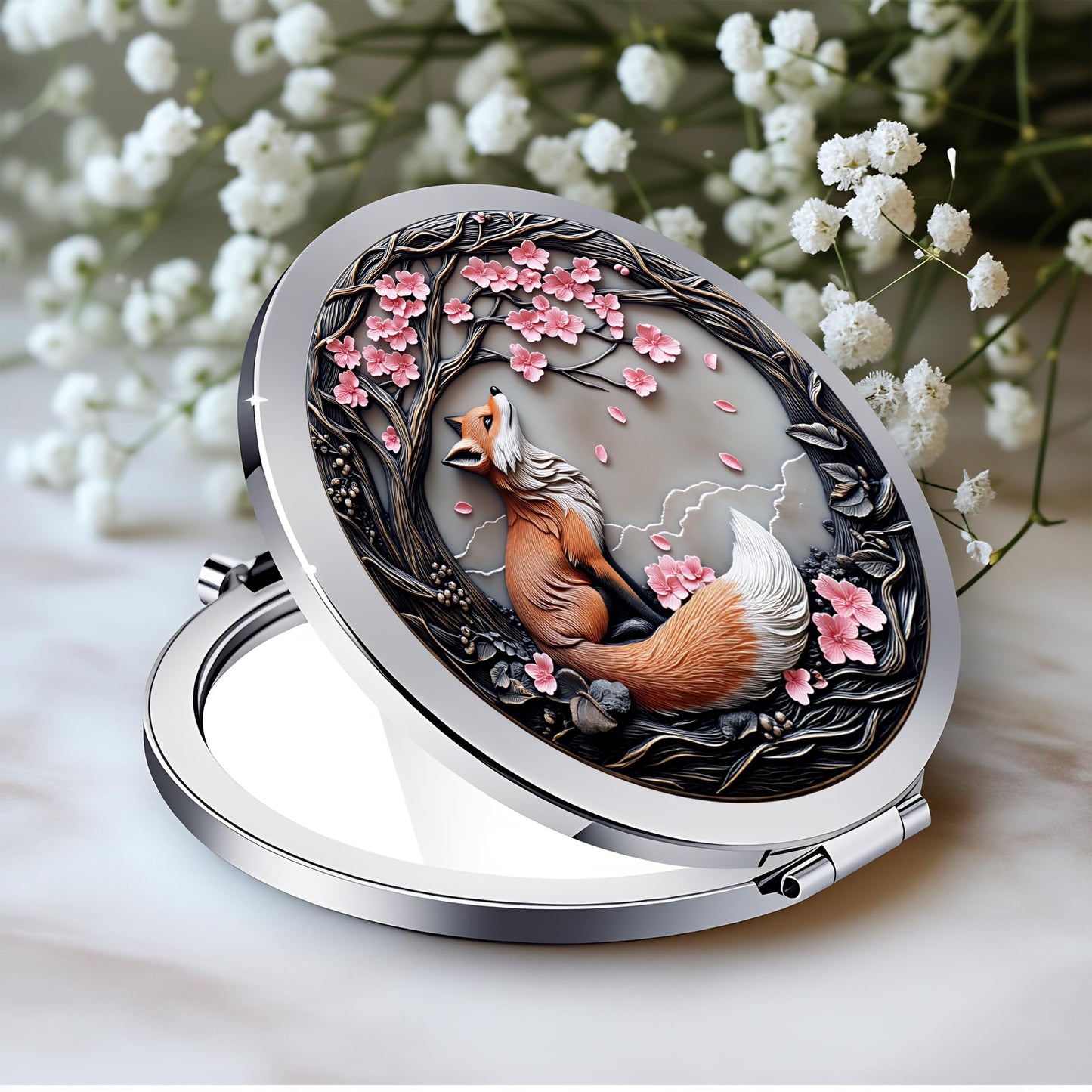 Silver Compact Mirror, 2.8x2.8inch Double-Sided Folding Makeup Mirror with Cherry Blossom Red Fox Design, Ideal Gift for Women