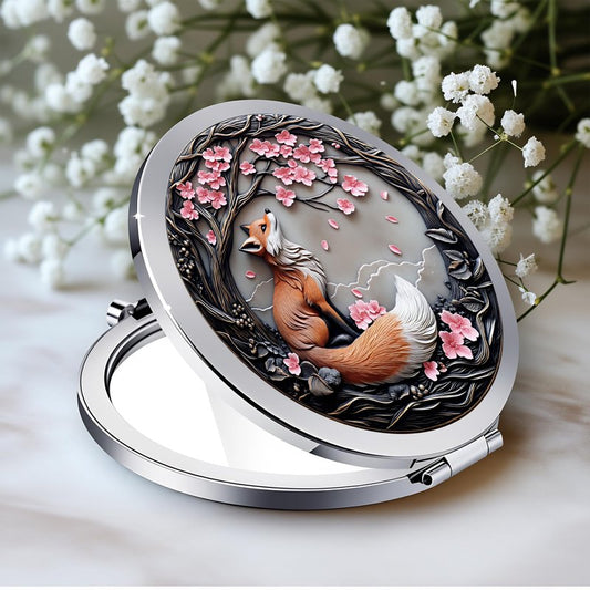 Silver Compact Mirror, 2.8x2.8inch Double-Sided Folding Makeup Mirror with Cherry Blossom Red Fox Design, Ideal Gift for Women
