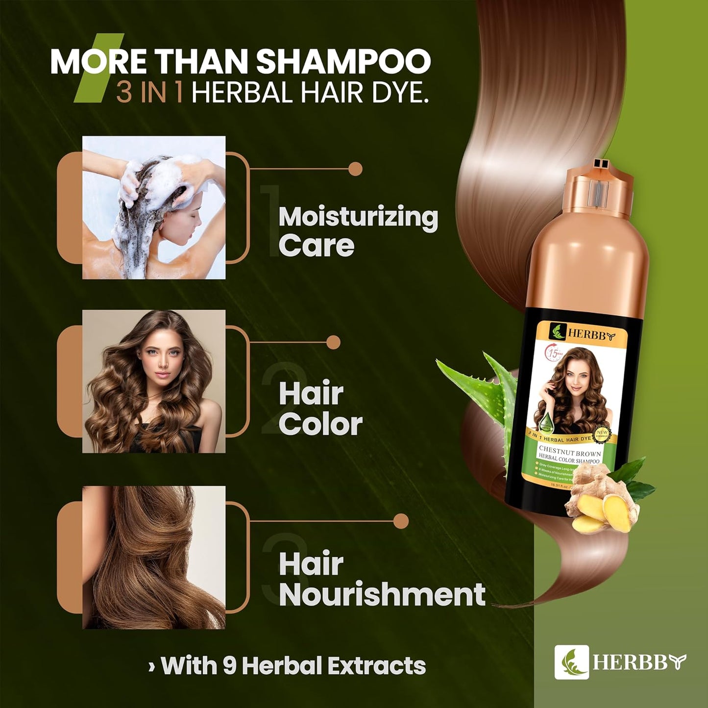 Gray Hair Coverage Shampoo & Conditioner - 9 Herbal Extracts for Long-Lasting Color | Chestnut Brown, 500 ml
