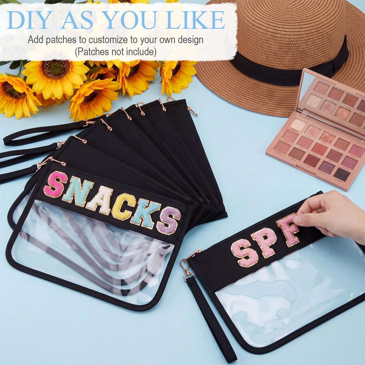 Sweetude Clear Zipper Pouch Set of 10, Waterproof Nylon Flat Cosmetic Pouches for Women & Girls, Transparent Travel Toiletry Bags with Zipper Wristlet(Nylon and PVC,Black)