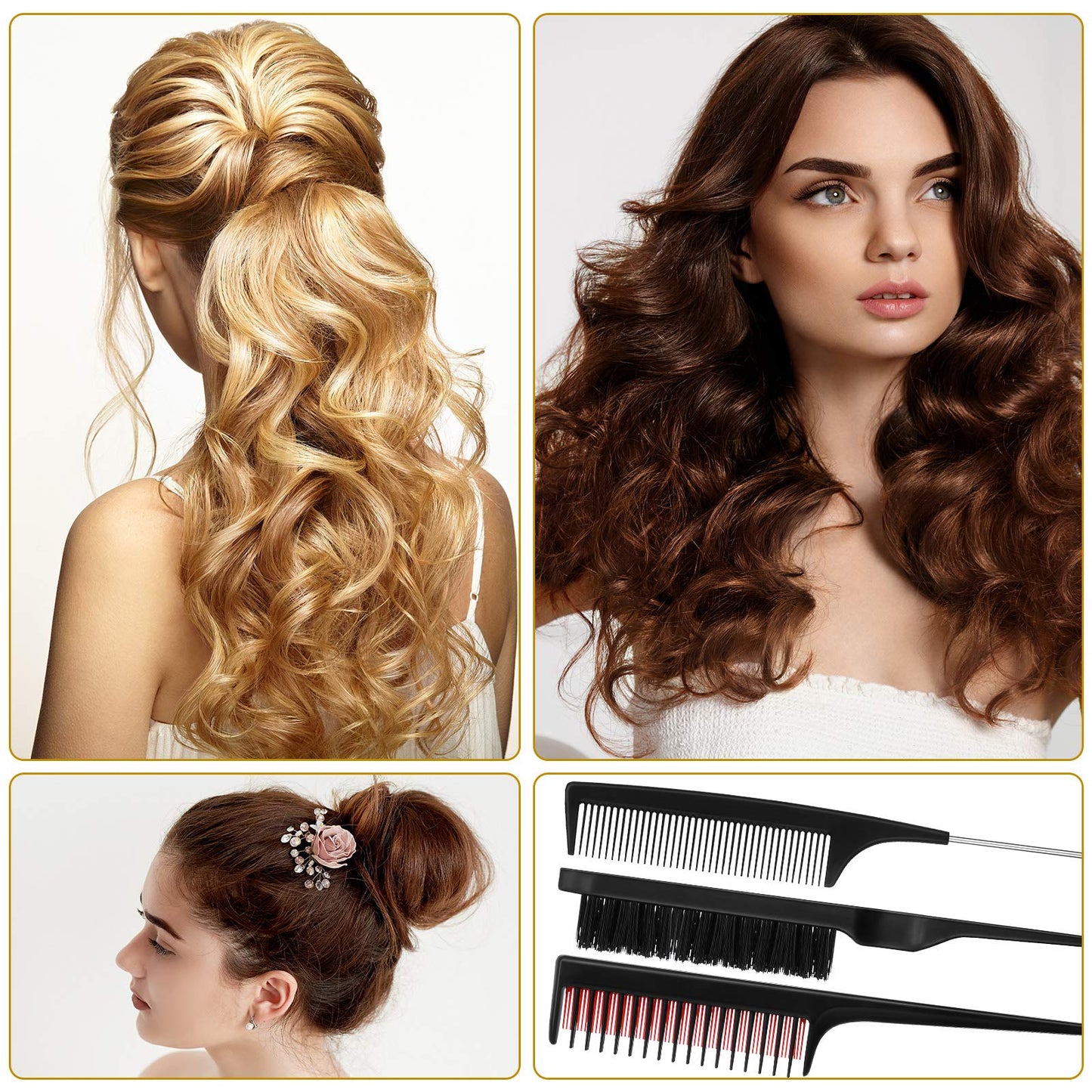Patelai 3 Pieces Hair Styling Comb Set for Women's Back Combing - Teasing/Fluffy Brush, Rat Tail Comb, and Triple Combing Comb (Black)