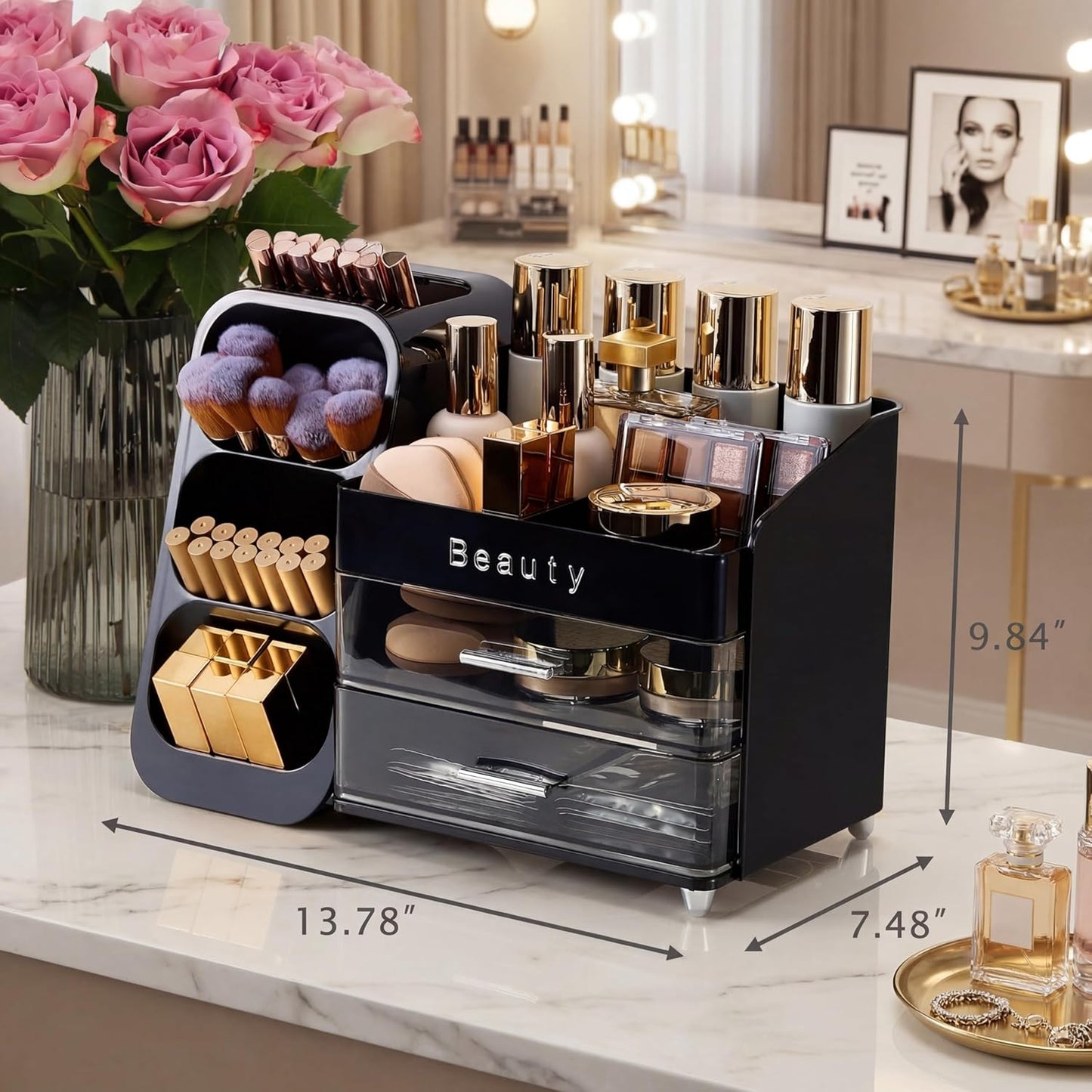 Makeup Organizer for Vanity - Spacious Countertop Storage with Brush Holder & Drawers | Ideal for Cosmetics & Skincare